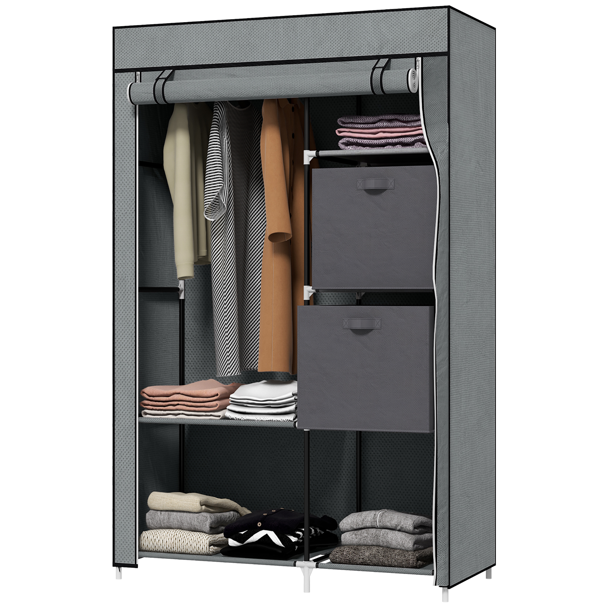 Stoffschrank Kleiderschrank faltbarer Schrank, 1 Kleiderstange, 6 Regalböden, 102 x 42,5 x 162,5 cm, Grau