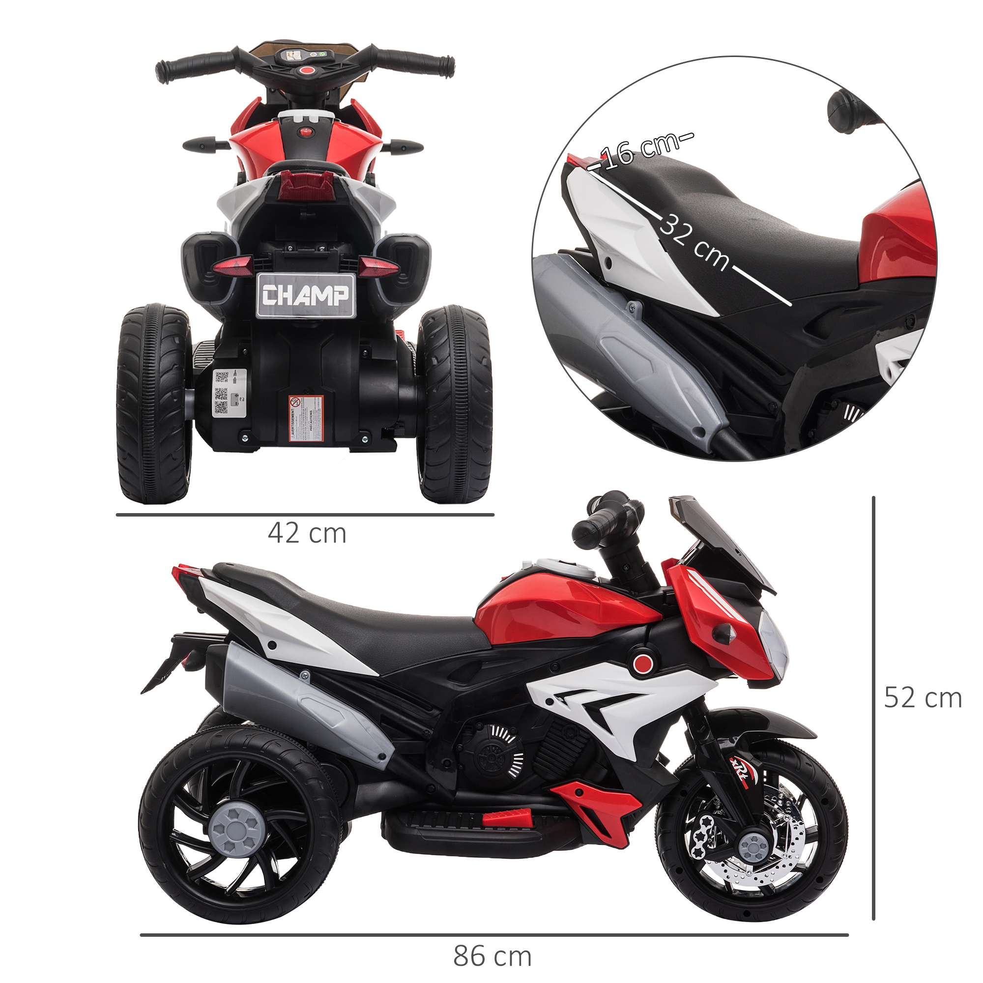 Elektro-Kindermotorrad, Lichter & Geräusche, 3 km/h, wiederaufladbar, Kunststoff & Metall, Schwarz/Rot