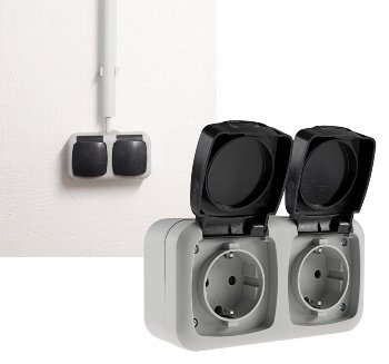 Feuchtraum Doppel-Steckdose, IP44, 250V~/ 16A, inkl. AP-Rahmen, grau