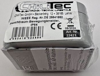 Feuchtraum PIR Bewegungsmelder, IP54, 250V~, 2-500W, inkl. AP-Rahmen, grau