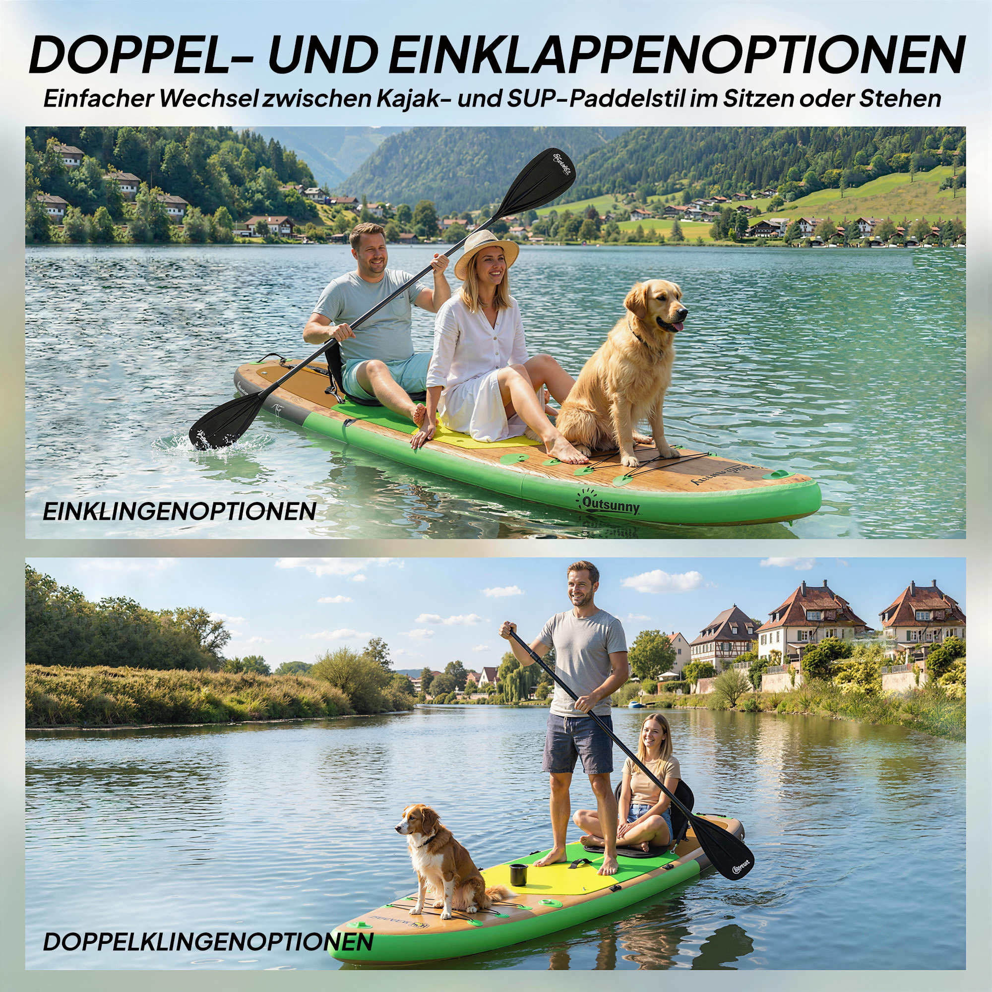 Stand Up Paddling Board Set Aufblasbar 335cm SUP Board mit Kajak Sitz, Verstellbares Doppel-Paddel Fußschlaufe
