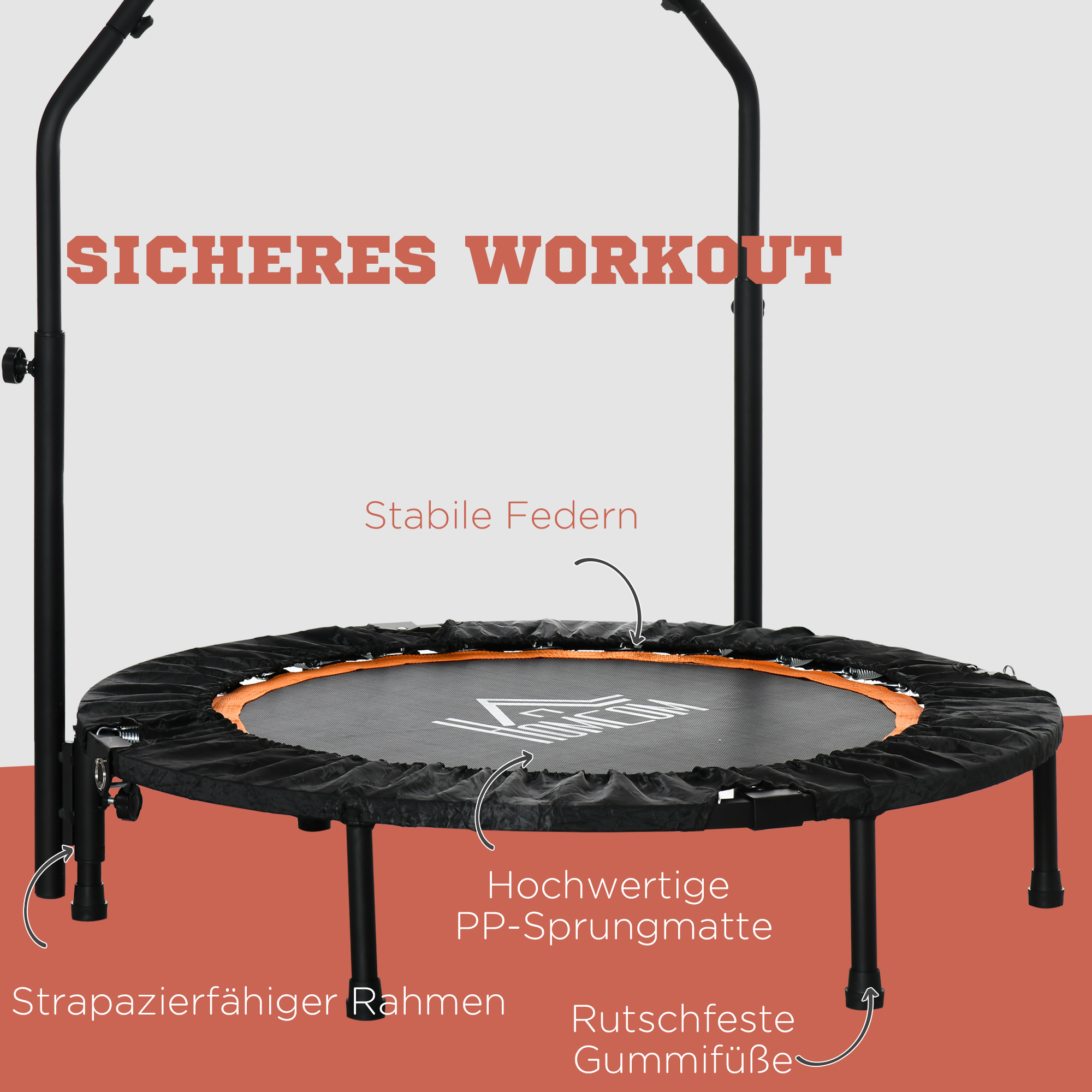 Fitnesstrampolin, klappbar, verstellbarer Haltegriff, Ø102 x 123H cm, bis 100 kg, Schwarz