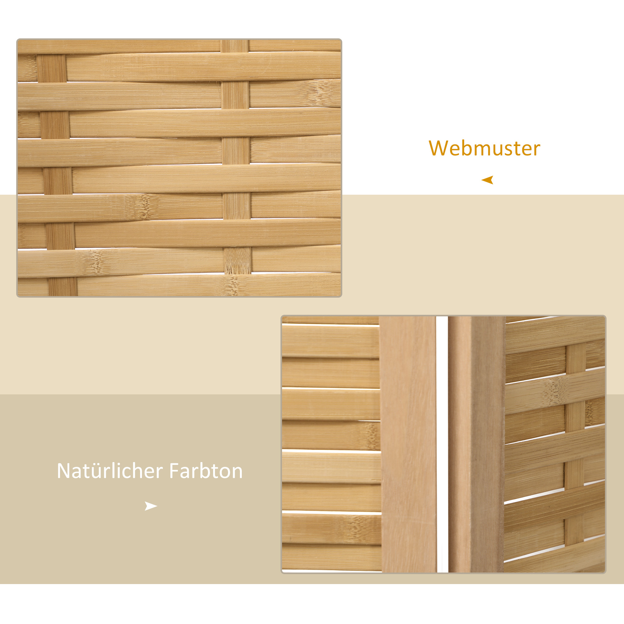 4-teiliger Raumteiler, 160 x 170 cm Faltbarer Sichtschutz aus Bambus für Wohnzimmer, Schlafzimmer, Natur
