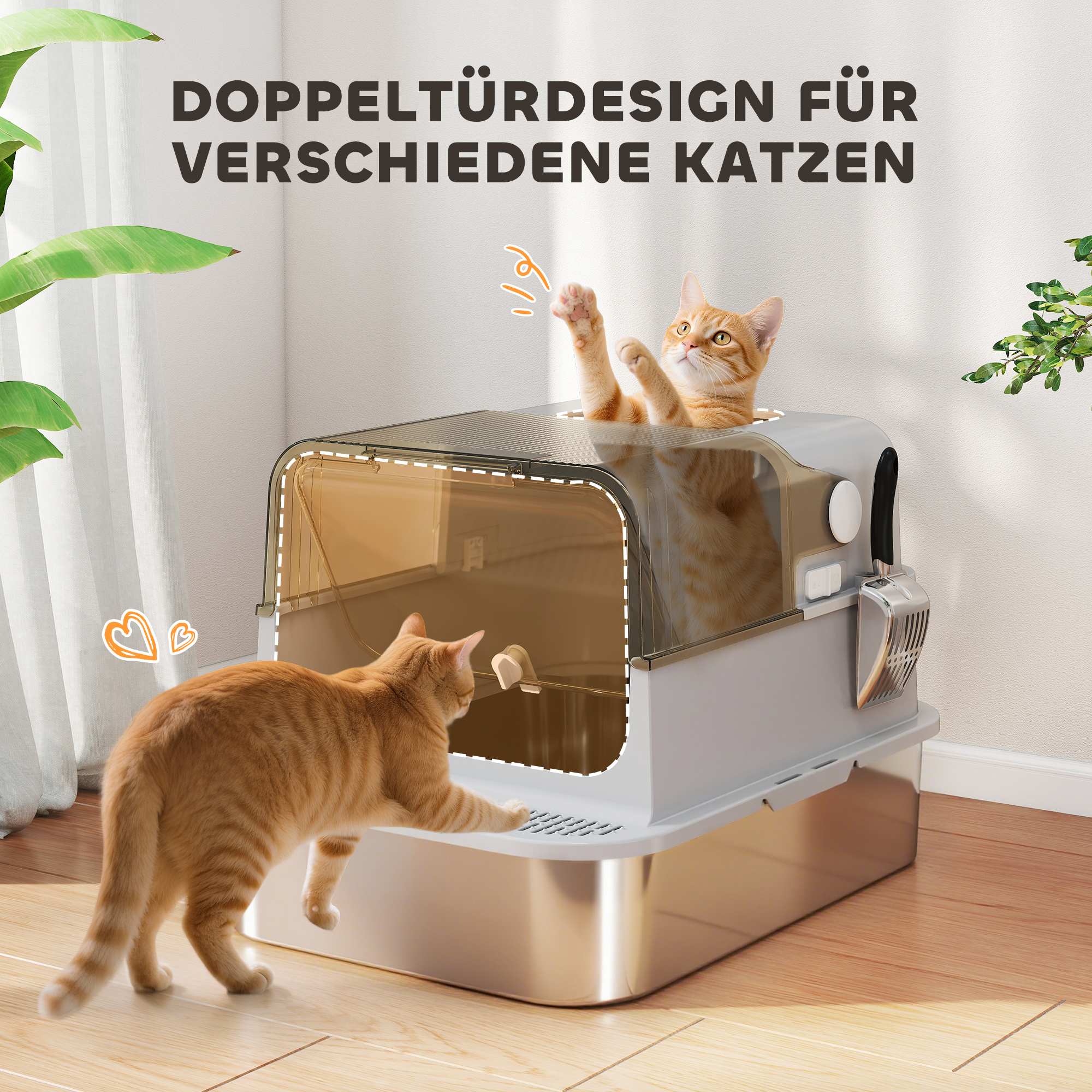 XXL Edelstahl-Katzentoilette mit Klappdeckel, Katzenklo mit Schaufel, für große Katzen bis zu 12 kg, leicht zu reinigen