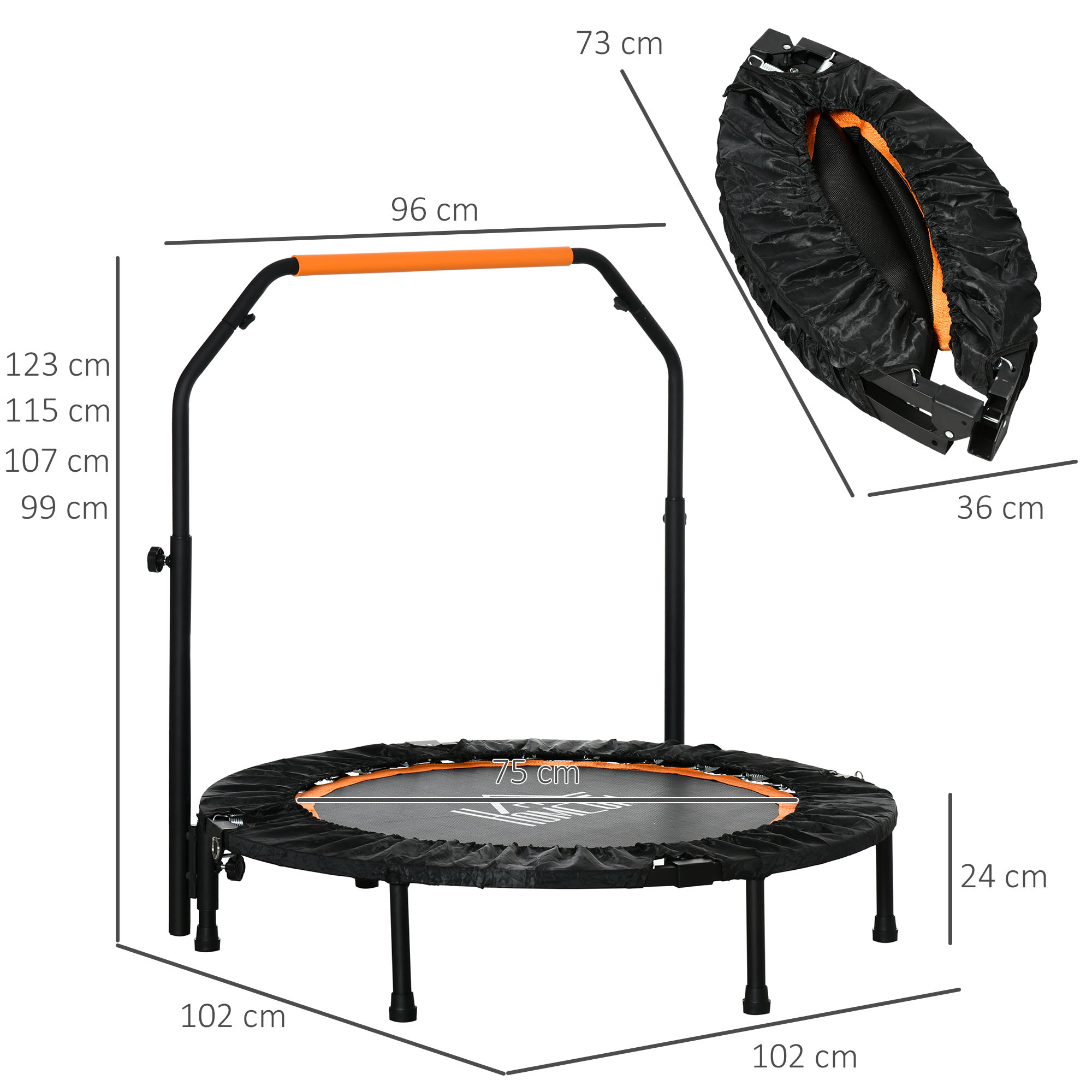 Fitnesstrampolin, klappbar, verstellbarer Haltegriff, Ø102 x 123H cm, bis 100 kg, Schwarz