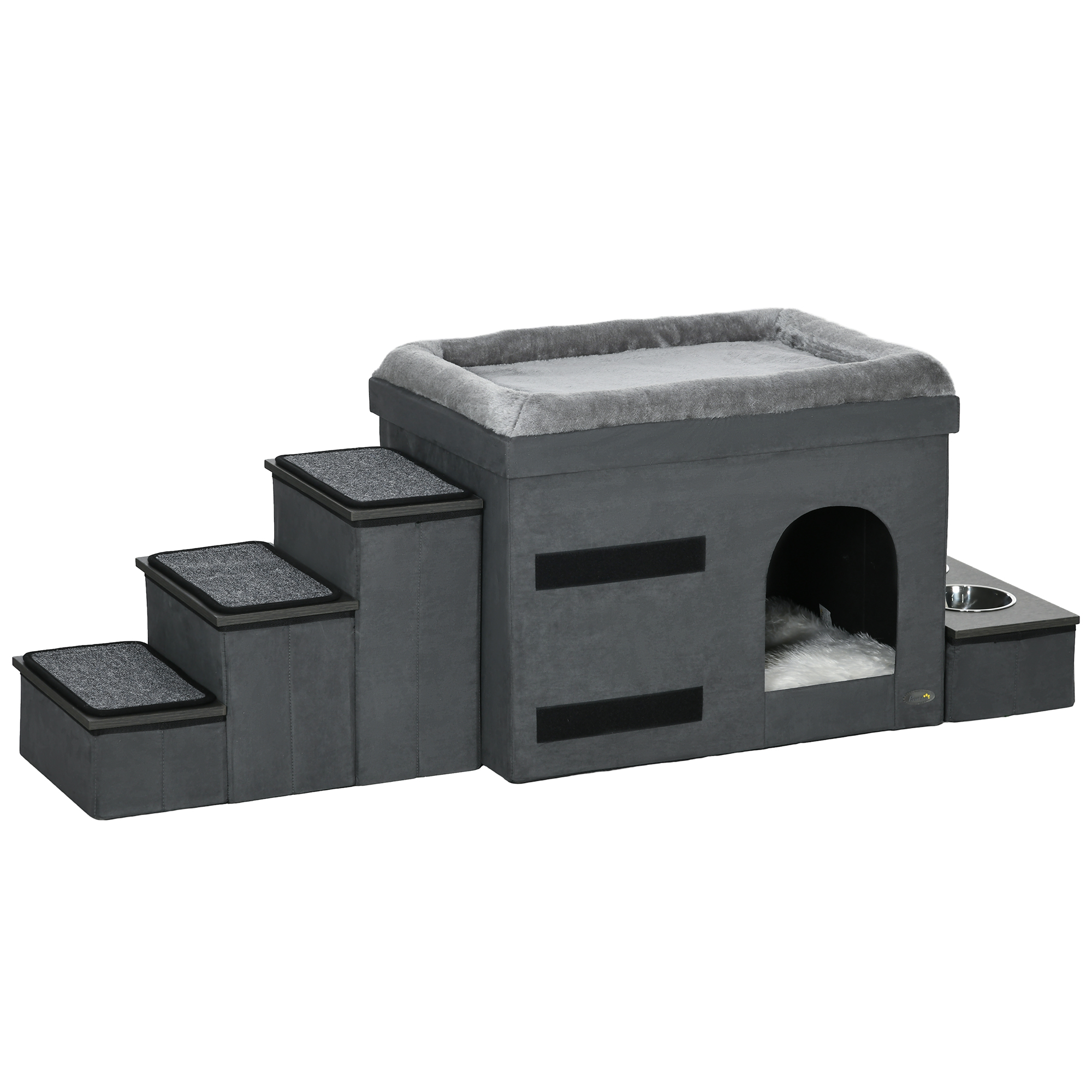 Katzenhaus Katzenhütte Katzenhöhle, 3 Haustiertreppen, 2 Fressnäpfe, 70 x 50 x 51, cm,  Grau