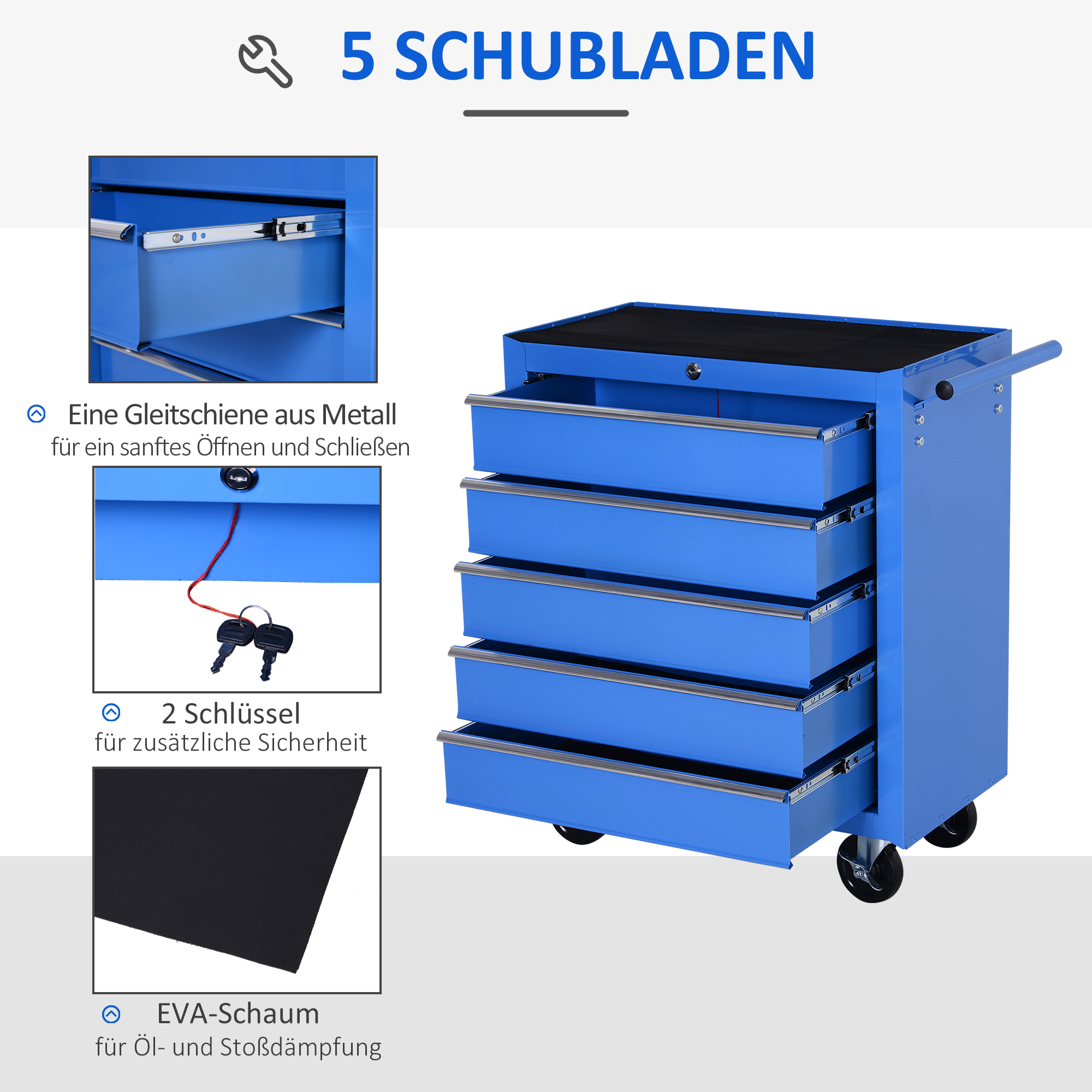 Fahrbarer Werkstattwagen Werkzeugwagen Rollwagen Werkzeugkasten mit 5 Schubladen Blau
