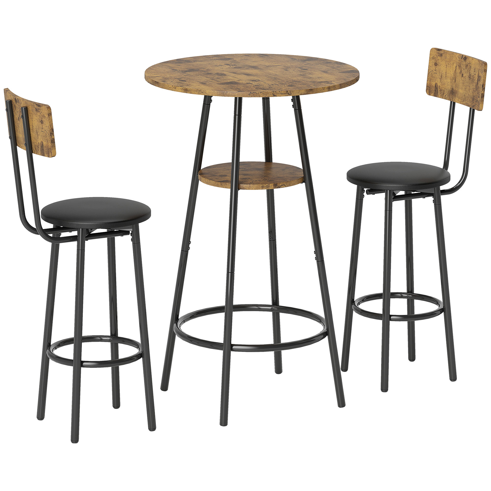 3-teiliges Bartisch-Set mit 2 gepolsterten Hockern, Kunstleder-Bezug, Rückenlehne, Metallgestell, Braun