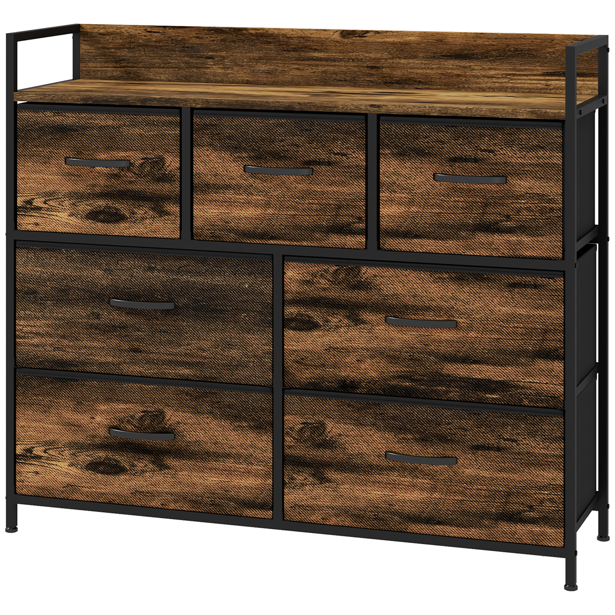 Kommode, Sideboard mit 7 Stoffschubladen, Industrial Design, Stahlrahmen, 98x29x85cm, Braun/Schwarz Kommode, Sideboard mit 7 Stoffschubladen, Industrial Design, Stahlrahmen, 98x29x85cm, Braun/Schwarz