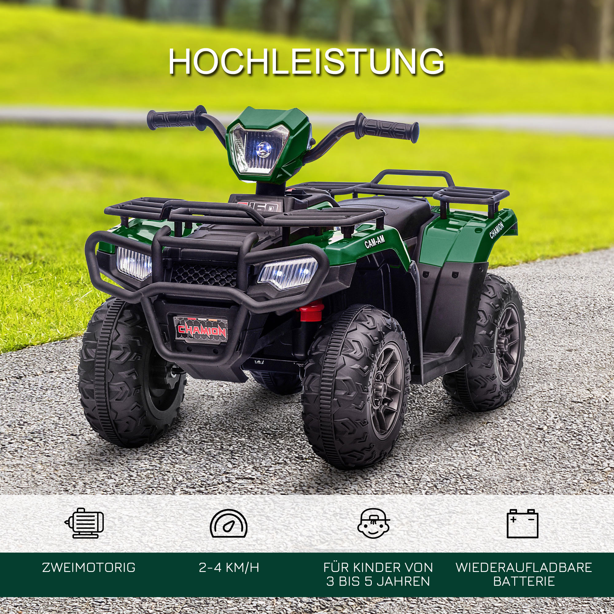Kinderquad, max, 4 km/h, ab 3 Jahren, LED-Scheinwerfer, Musikanschluss, schwarz+grün 88 x 45 x 50 cm