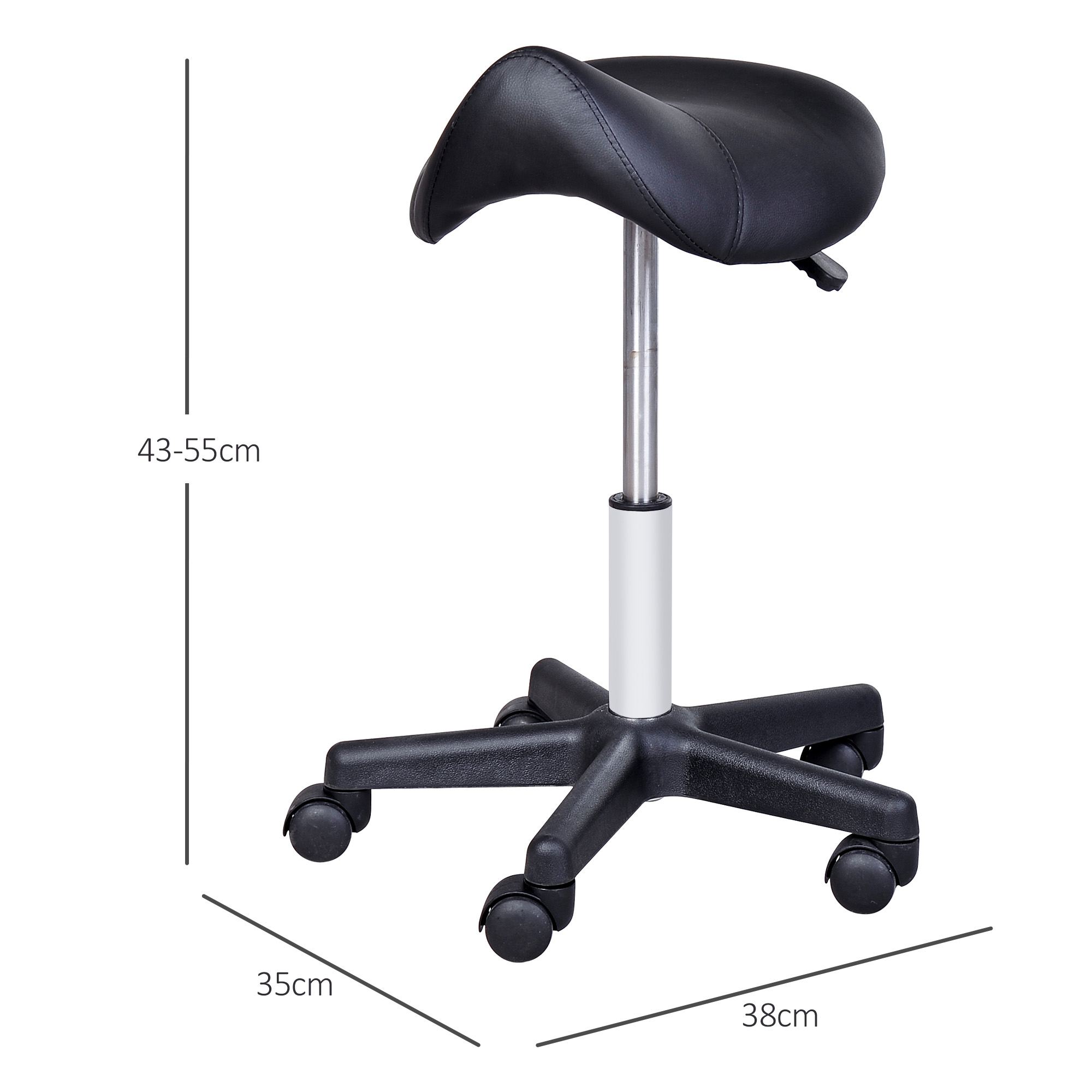 Rollhocker, sattelförmiger Sitz, höhenverstellbar, um 360° drehbar, Kunstleder, schwarz, 35 x 38 x 45-55 cm
