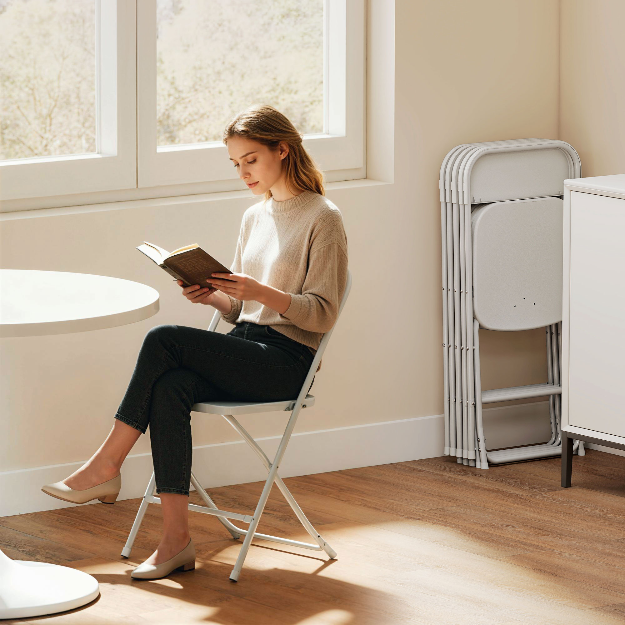 6er-Set Klappstühle, faltbare Stühle mit Ablauflöchern, Stahlrahmen, vielseitig einsetzbar, Weiß