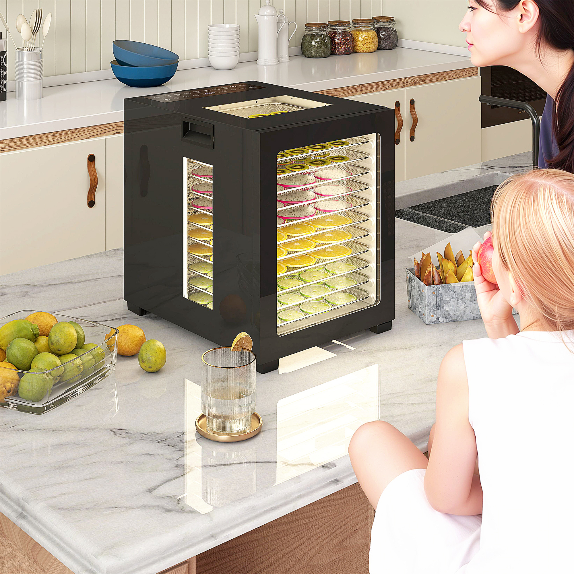 Dörrautomat Dörrgerät, 850 W, 40-70°C Temperaturregler, 48 Std, Timer, 12 Einlegefächer Edelstahl Schwarz
