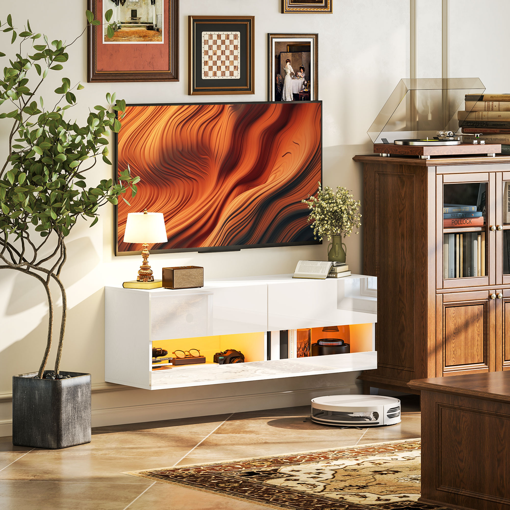 TV-Hängeschrank mit LED-Beleuchtung, 16 Blinkmodi, Wandmontierter TV-Schrank, Offene Regale, 120 x 35 x 40,5 cm, Weiß