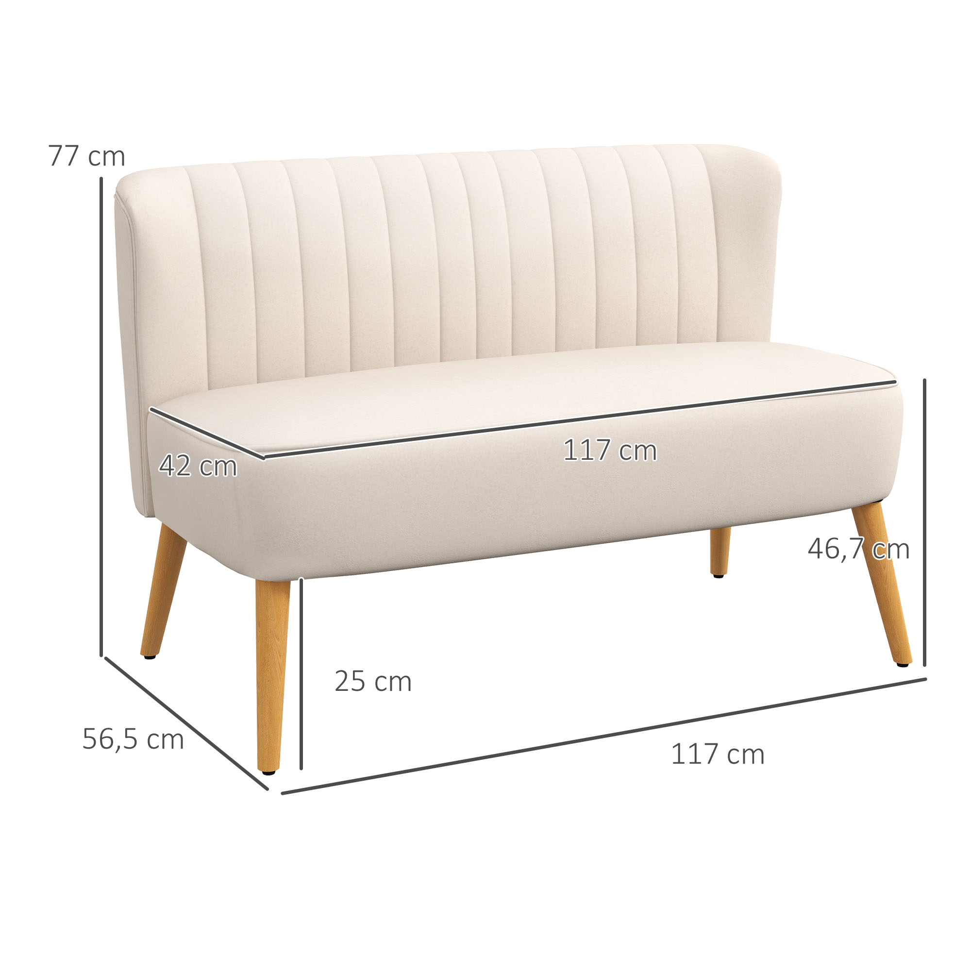 Sofa Retrodesign 2-Sitzer-Sofa, Holzbeine, 117 cm x 56,5 cm x 77 cm, Cremeweiß