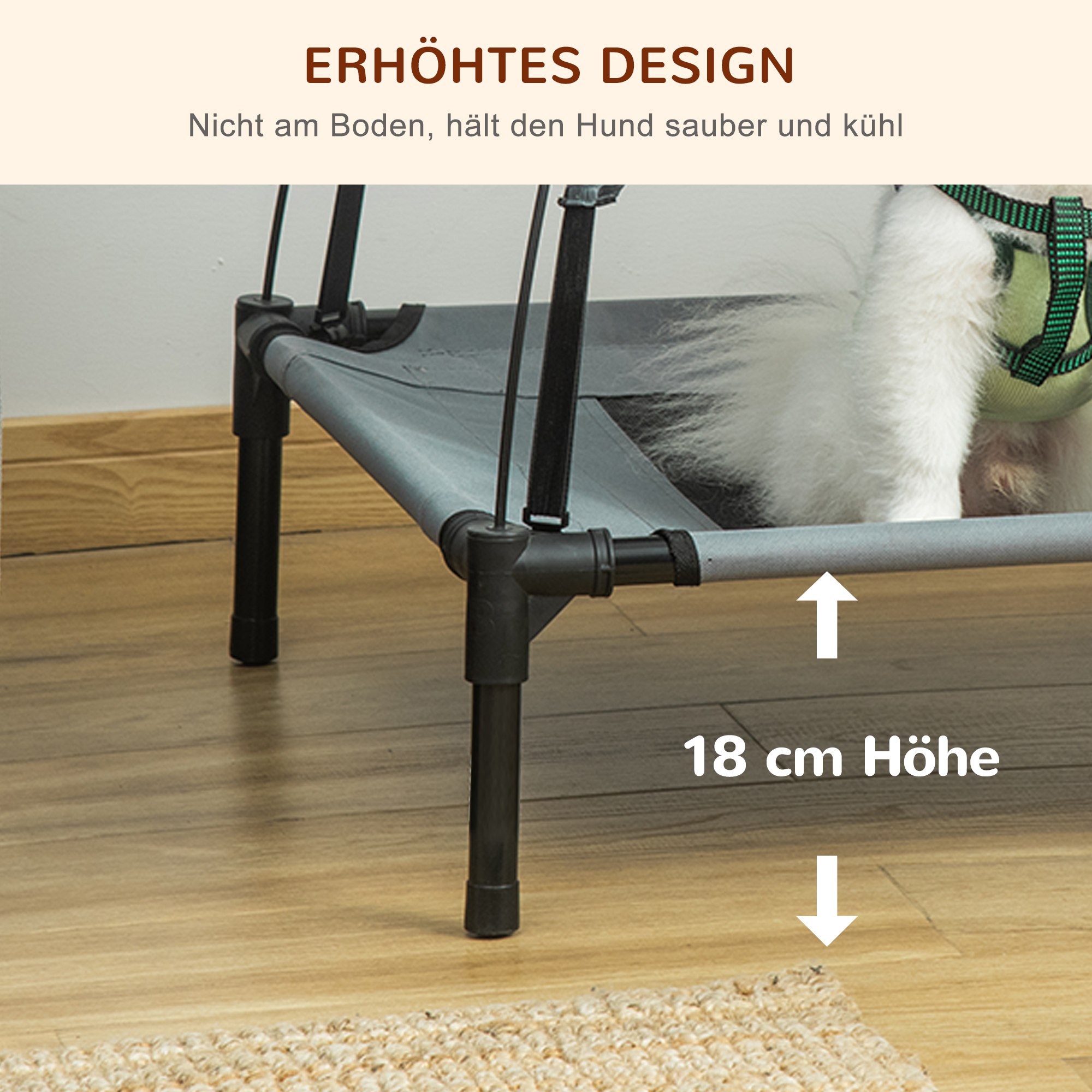 erhöhtes Hundebett mit Baldachin, Haustierbett, Hundeliege outdoor mit Dach, Atmungsaktiv, Taftstoff für Camping Grau 76 x 61 x 73 cm