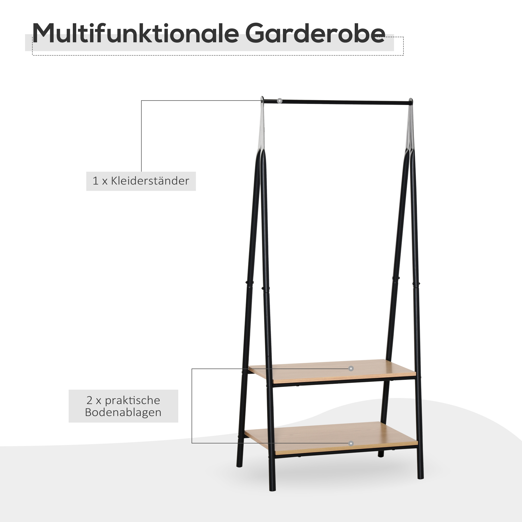 Gaderobenständer Kleiderständer Kleiderstange mit Schuhablage Wäscheständer Metall + Holz Schwarz + Natur 64 x 42,5 x 149 cm
