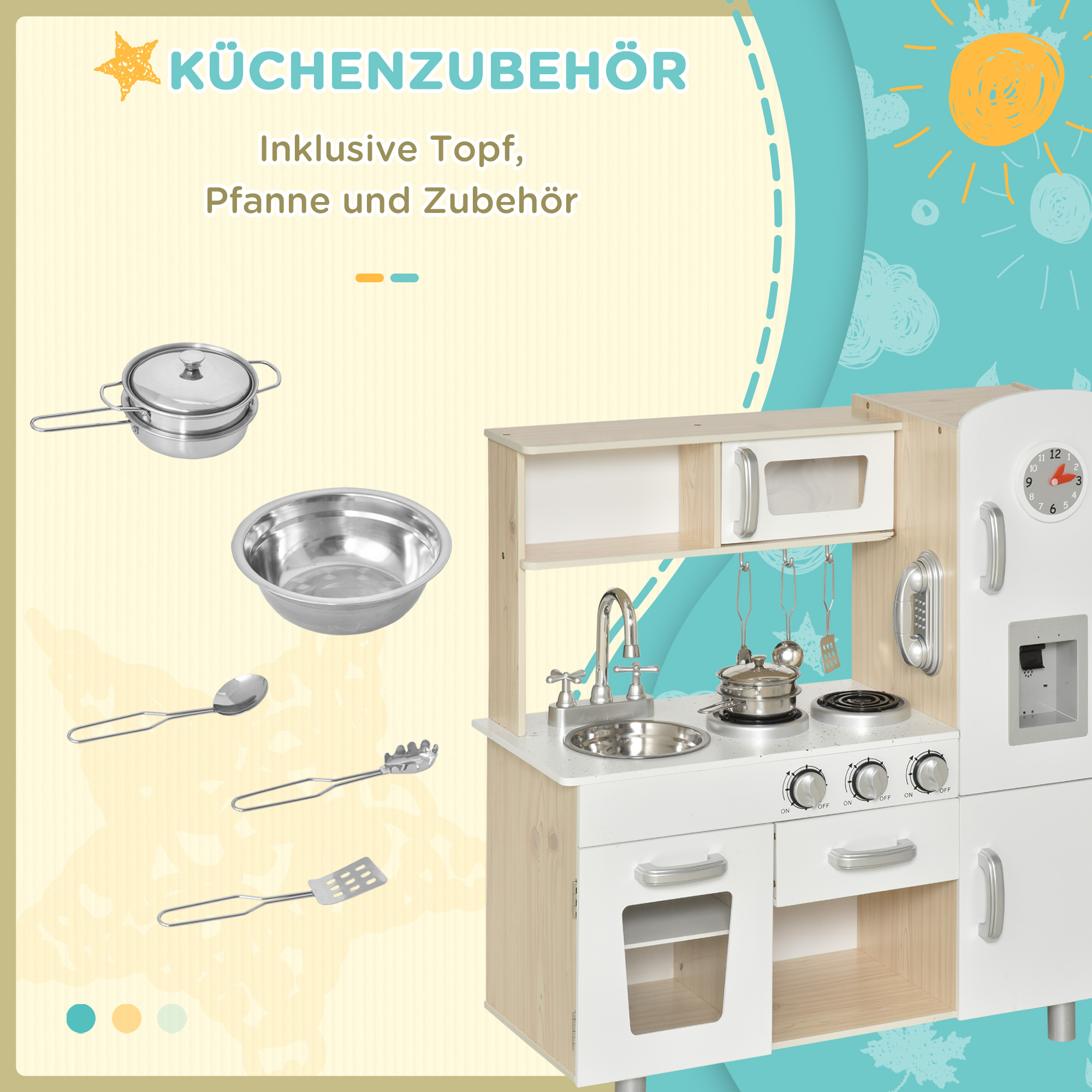 Kinderküche mit Zubehör, Traumküche, Spielküche, Spielzeugküche für Kinder ab 3 Jahren, Kiefer, MDF, Weiß, 74 x 30 x 81 cm