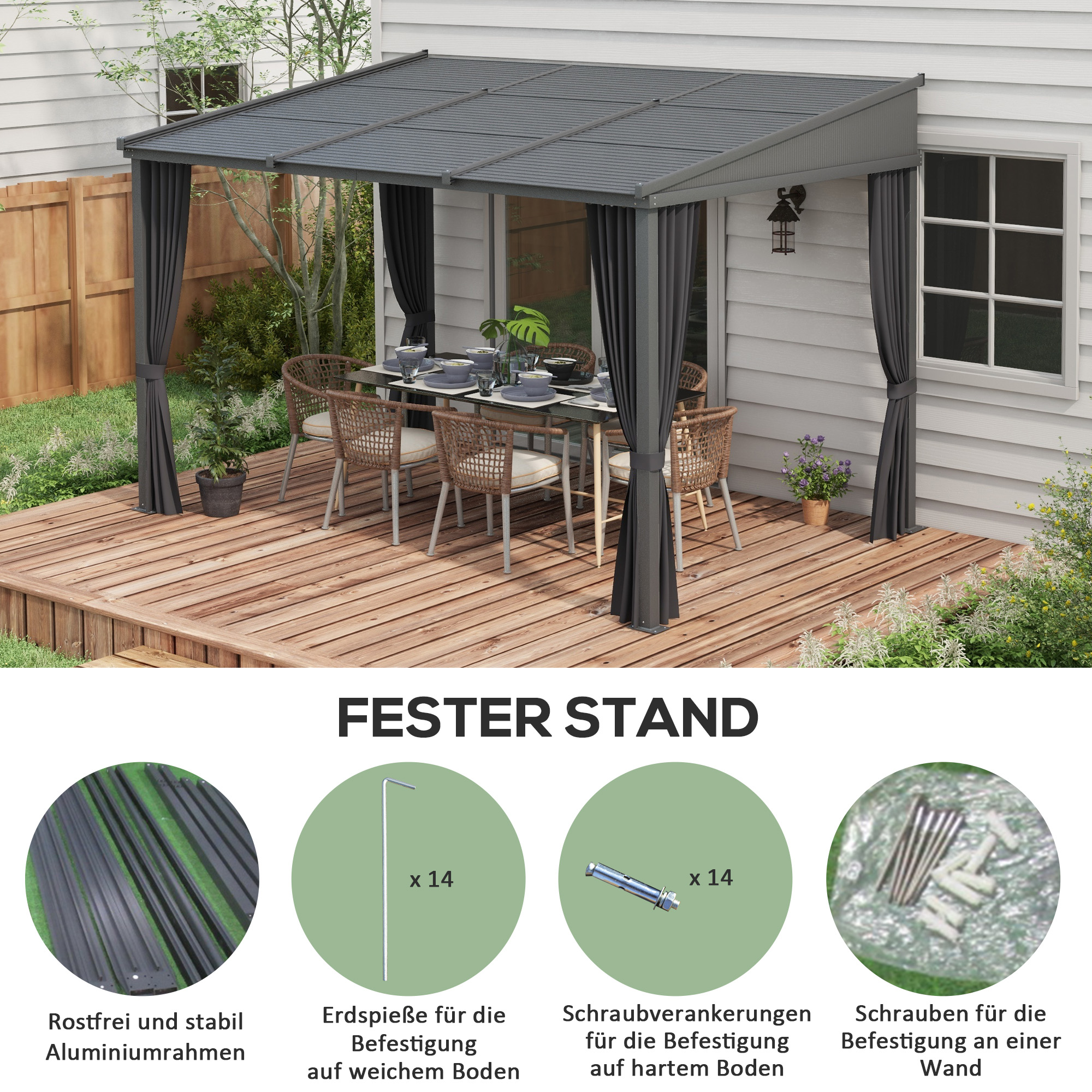Gartenpavillon, Pergola, mit Schiebedach, Vorhängen, Aluminiumrahmen, dunkelgrau, 3,65 x 2,55 x 2,05 m