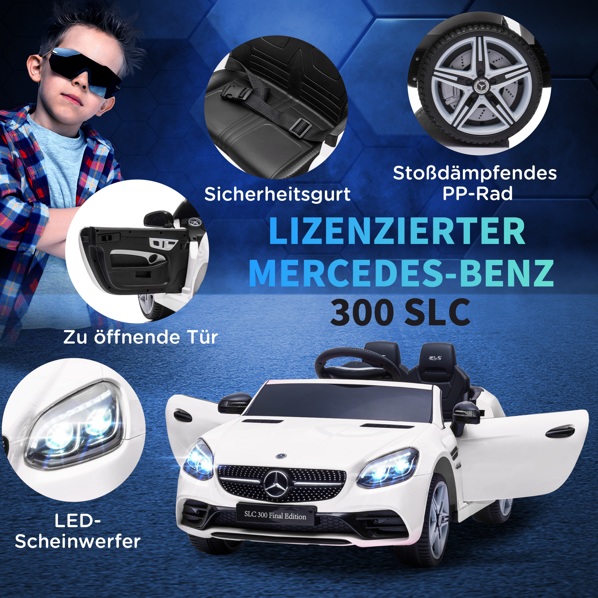 Kinder-Elektroauto, mit LED-Scheinwerfern, Sicherheitsgurt, Hupe, Musik, 3 bis 5 km/h, weiß, 107 x 62,5 x 44cm