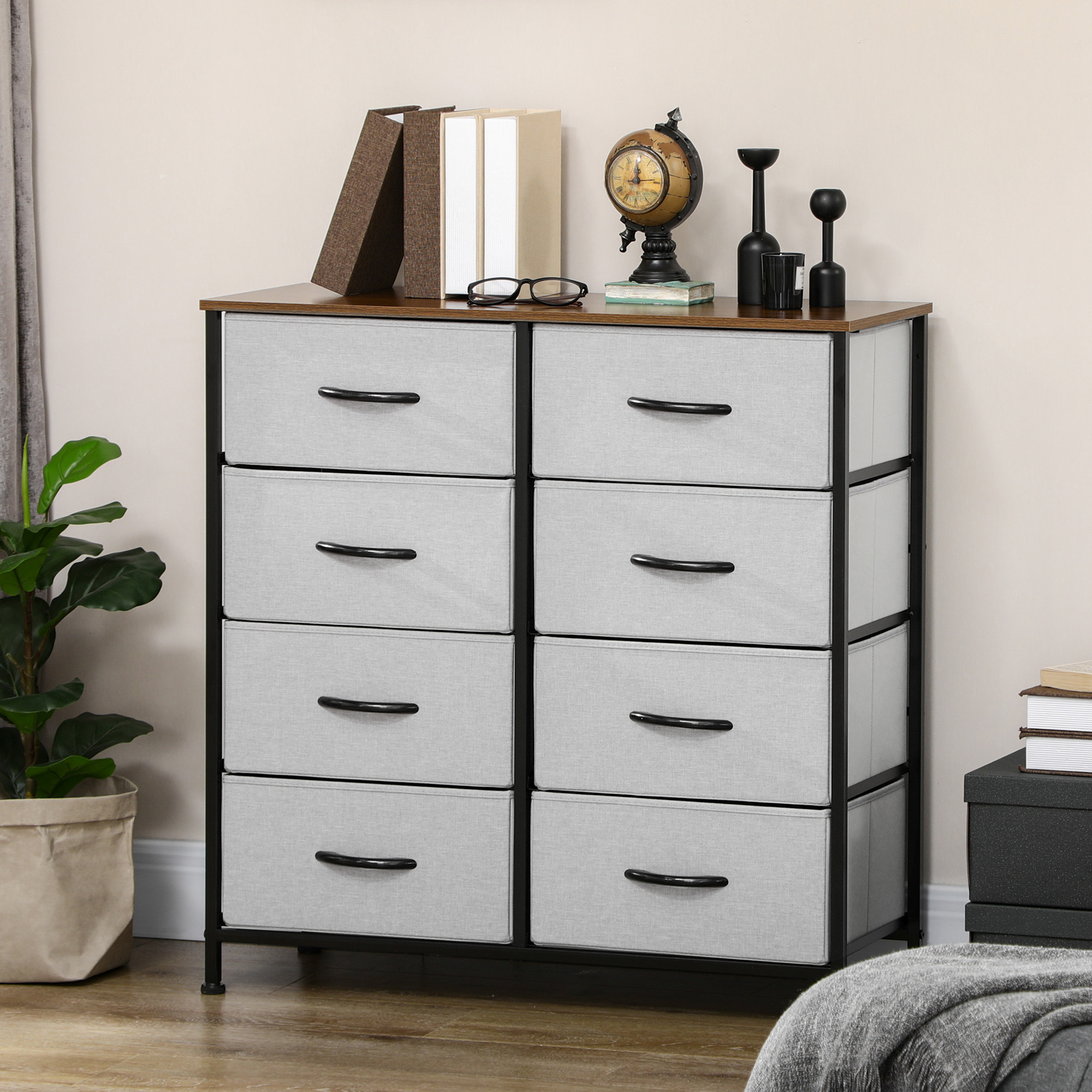 Kommode mit 8 Stoffschubladen, Metallrahmen, Ablage, 80x30x81,5 cm, Grau/Schwarz