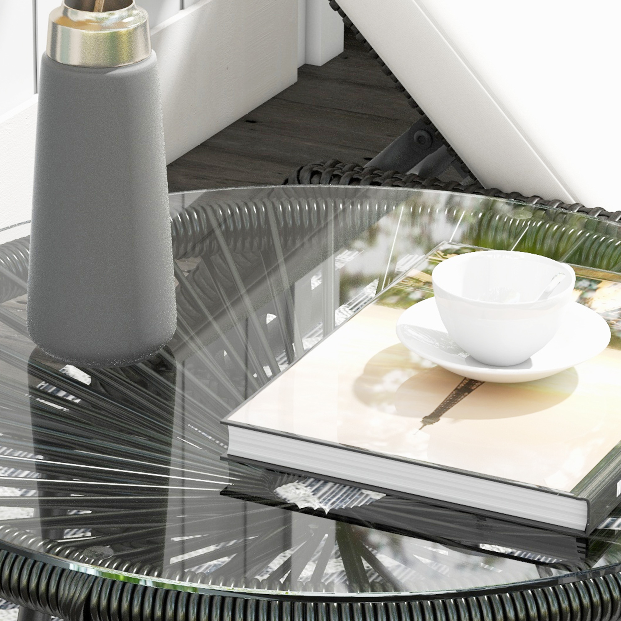 Gartentisch Boho-Stil Outdoor Beistelltisch, PE-Rattan, gehärtetes Glas, wetterbeständig, 50 cm x 50 cm x 50 cm, Schwarz