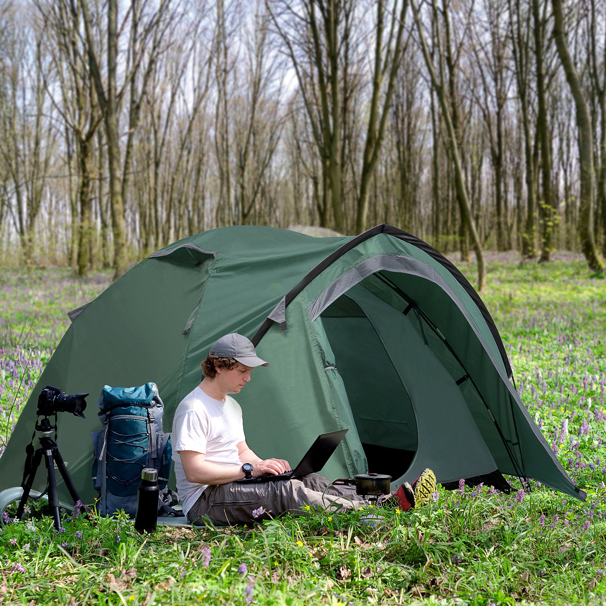 2-Personen-Campingzelt, Netzöffnungen, Lampenhaken, Tragetasche, Grau+Gelb