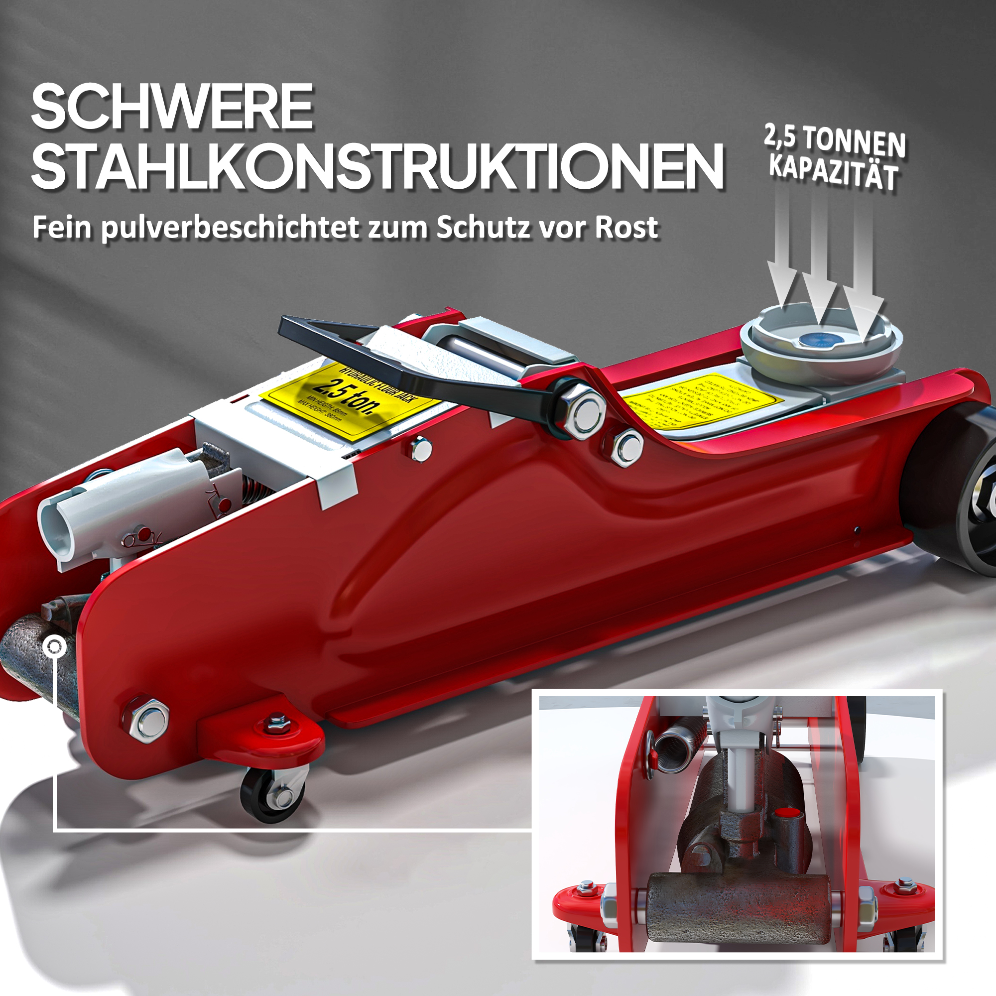 Wagenheber, 8-38 cm Höhe, 2,5 Tonnen Tragfähigkeit, Stahl, rollbar, Rot
