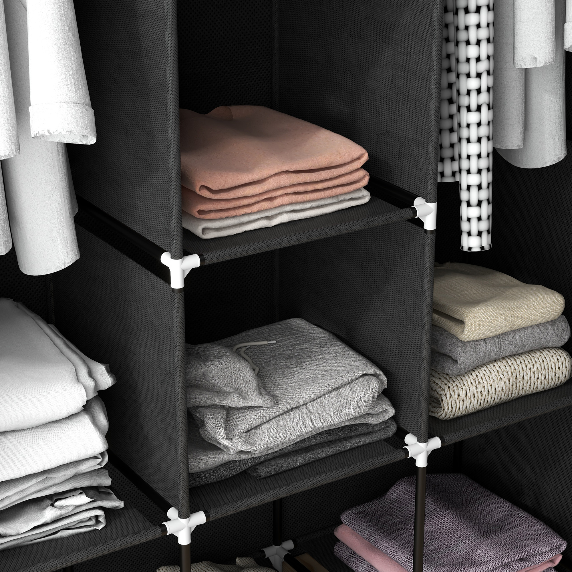 Schrank aus Stoff, Aufbewahrungslösung, 8 Regale, 2 Kleiderstangen, Schwarz