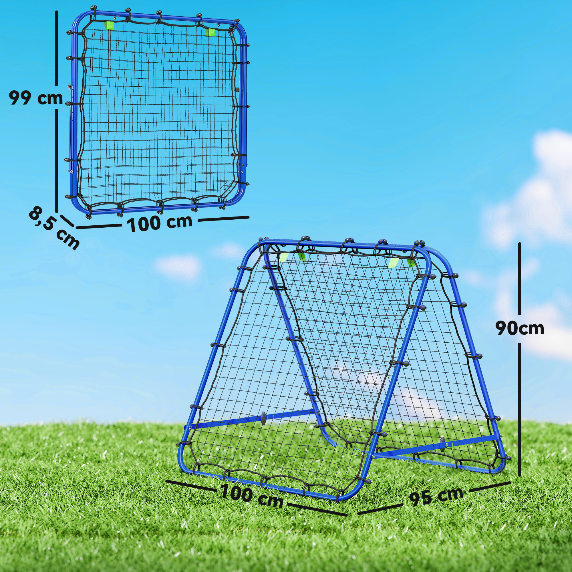 Rebounder für Fußball, verstellbar Prellwand mit 5 Winkelpositionen und Rückprallwand Netz, 100 x 95cm Kickback Tor Fußballtor für Jugendliche, Rückprallwand für Handball Training, Blau