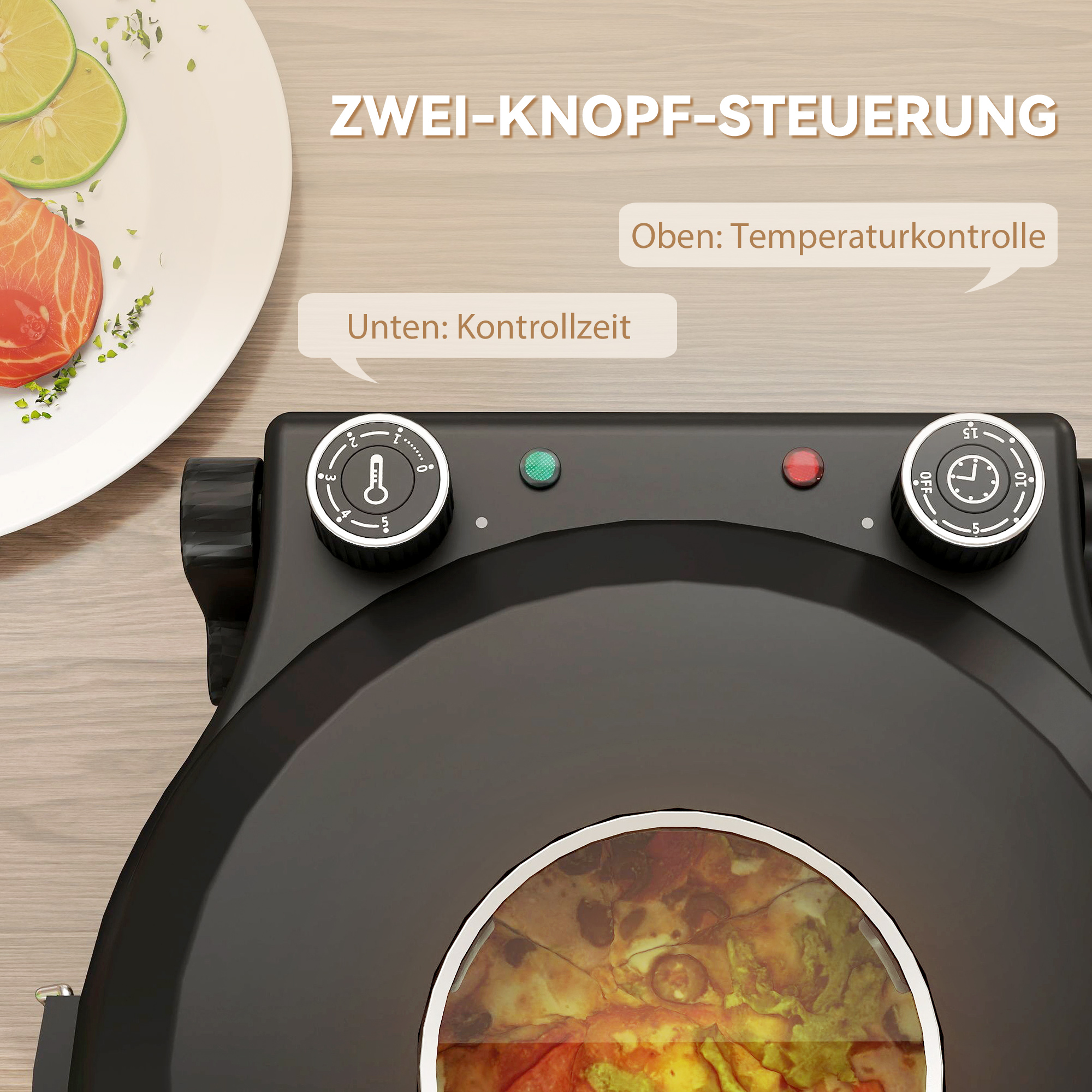 Pizzaofen elektrisch 430 ℃, 1200 Watt Pizzabäcker mit 30cm Steinplatte Timer Sichtfenster Edelstahl Schwarz