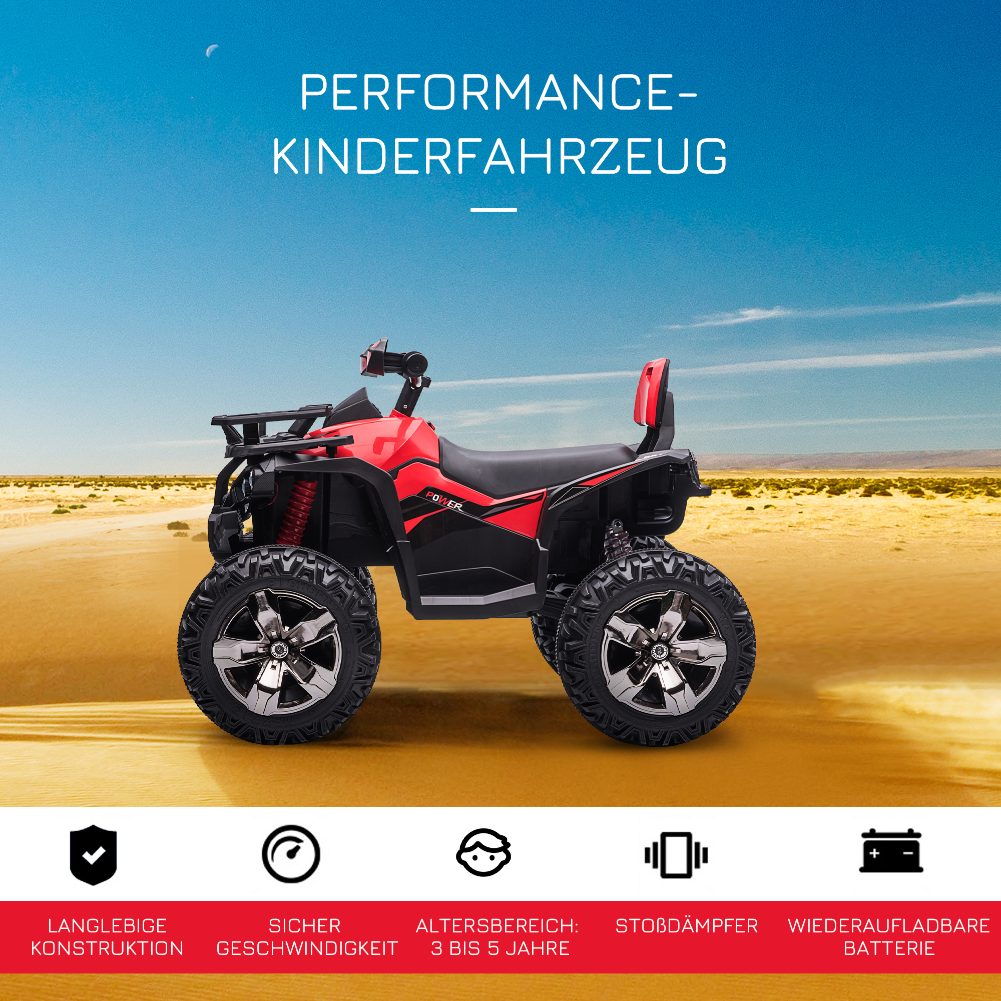 Kinderquad, 3-8 km/h, 45 Min, Betriebszeit, LED-Scheinwerfer, Musikplayer mit USB, für Kinder 3 bis 5 Jahre