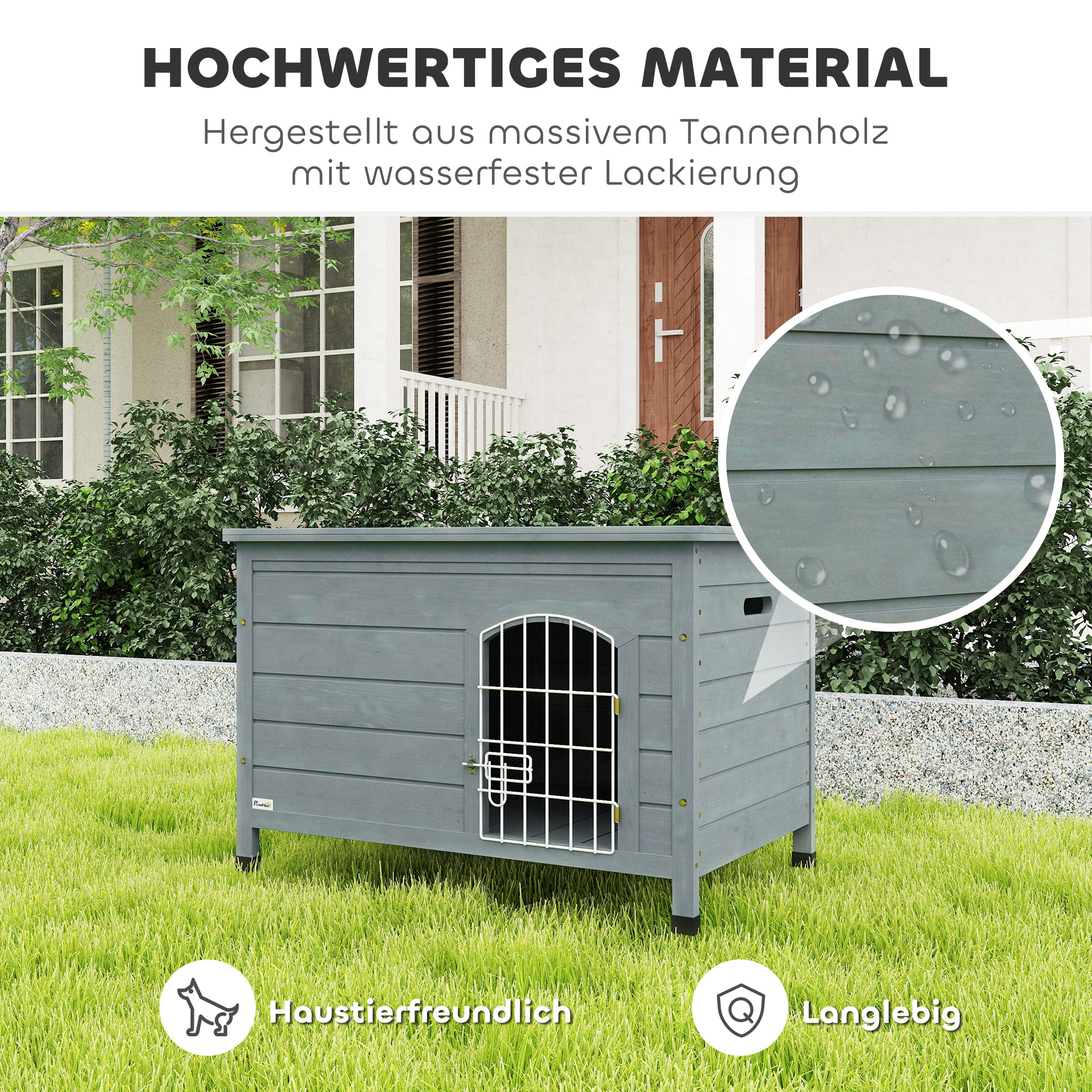 Hundehütte, Hundehaus mit Tür, Hundebox, Haustierhütte, Tannenholz, Dunkelgrau