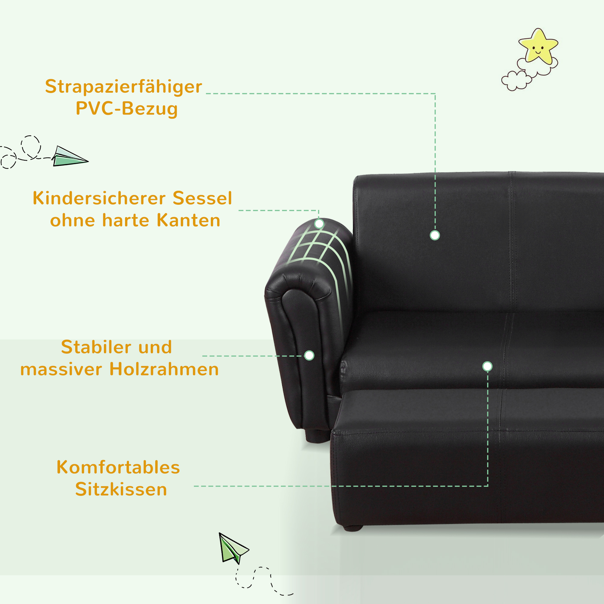 Kindersessel mit Fußhocker, Kindercouch mit Hocker, Kindersofa, Sofa Sessel, Schwarz, 83 x 42 x 41 cm