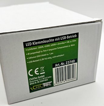 LED Klemmleuchte mit USB-Betrieb, 40cm Schwanenhals, dimmbar, 55lm
