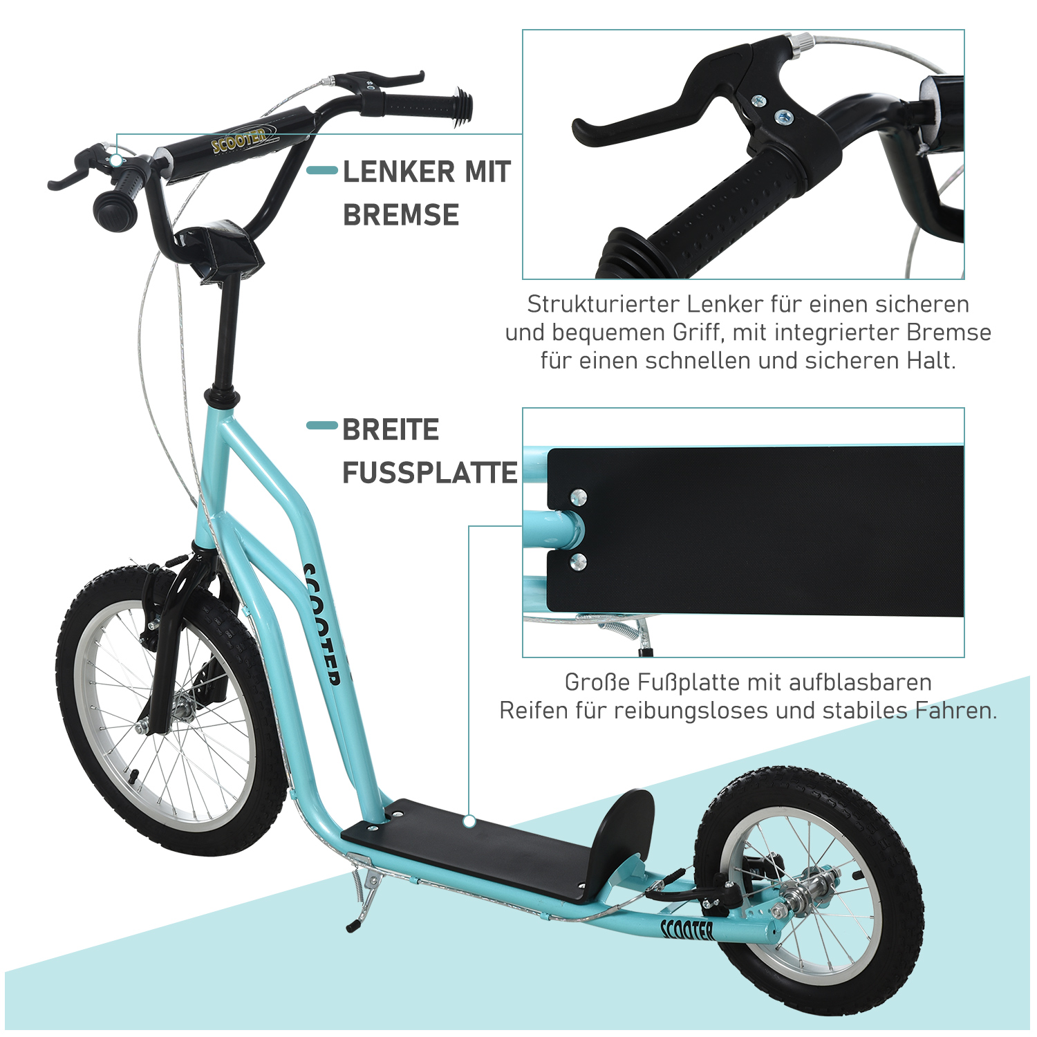 Kinderroller ab 5 jahre Scooter Tretroller Cityroller Kinder Roller Kickboard mit Luftreifen16/12 Zoll Blau 135 x 58 x 88-94 cm
