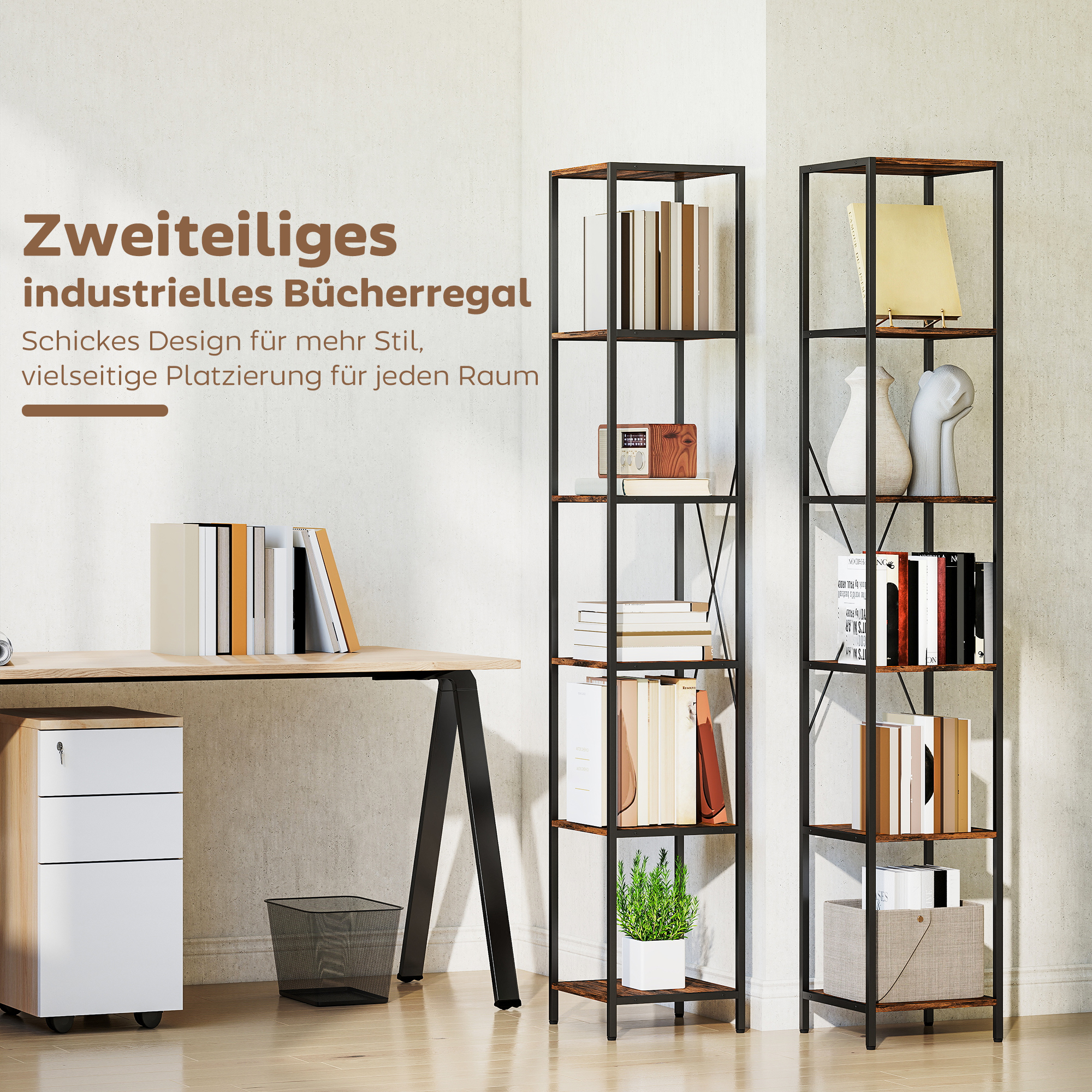 2er-Set 6-Ebenen-Bücherregal, Stahlrahmen, für Wohnzimmer, Büro, Schlafzimmer, Rustikal-Braun