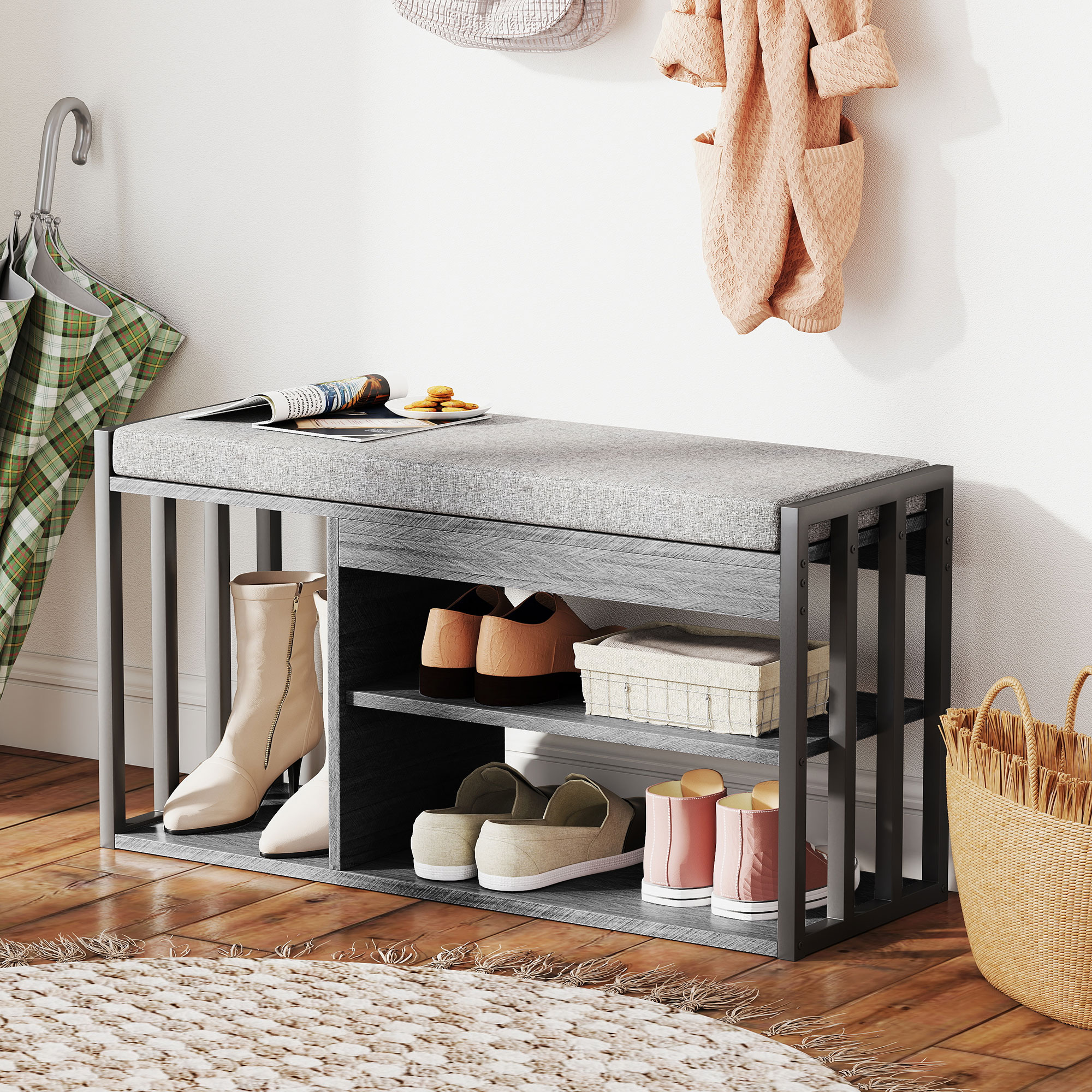 Schuhregal mit Sitzbank, Flurregal für Schuhe, Schuhschrank mit 3-stufigem Design, für Flur, Eingangsbereich, Wohnzimmer, Schlafzimmer, Grau