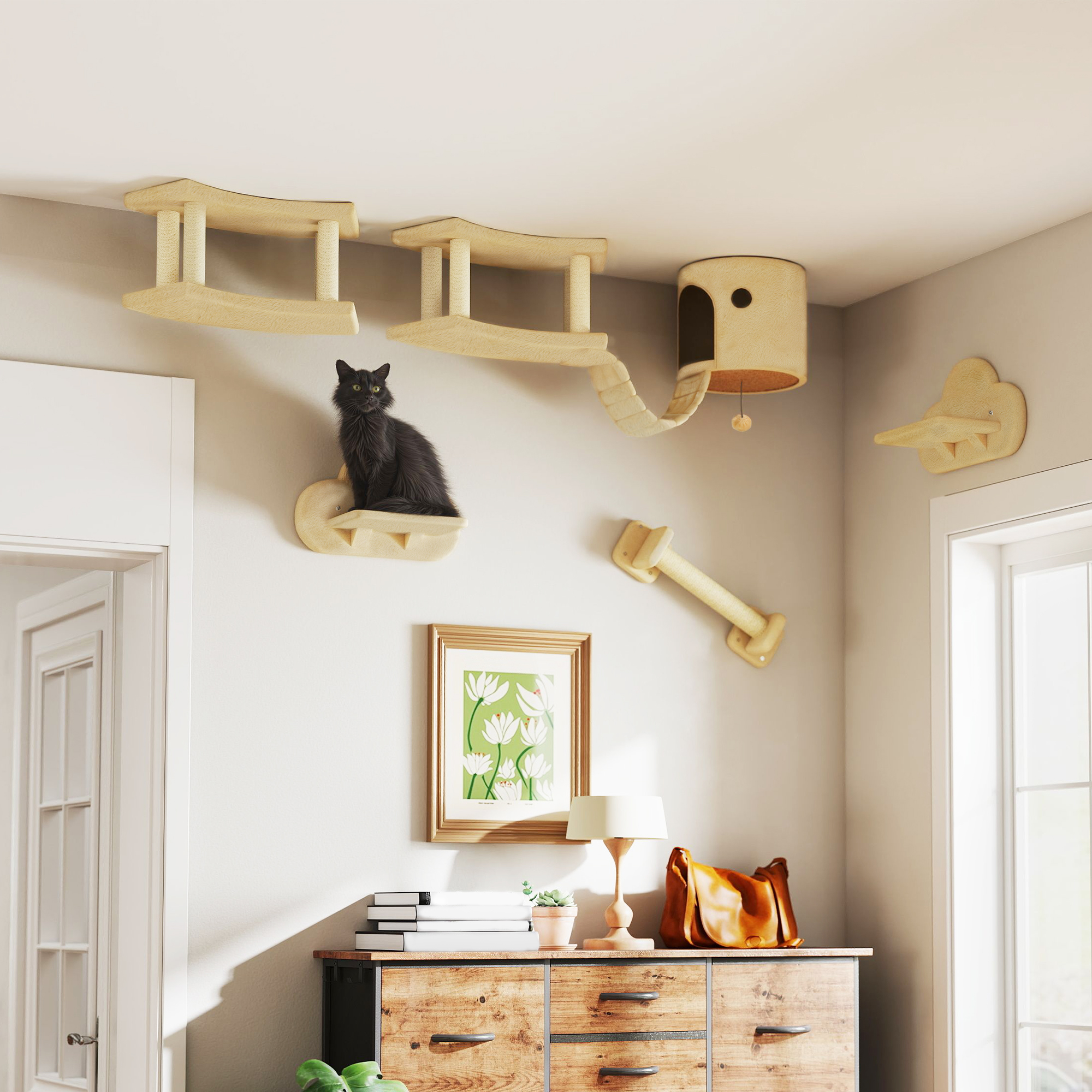 5-teiliges Katzen-Kletterset mit Kratzpfosten, Sprungplattformen, Leiter, Haus, Wandmontage, Beige