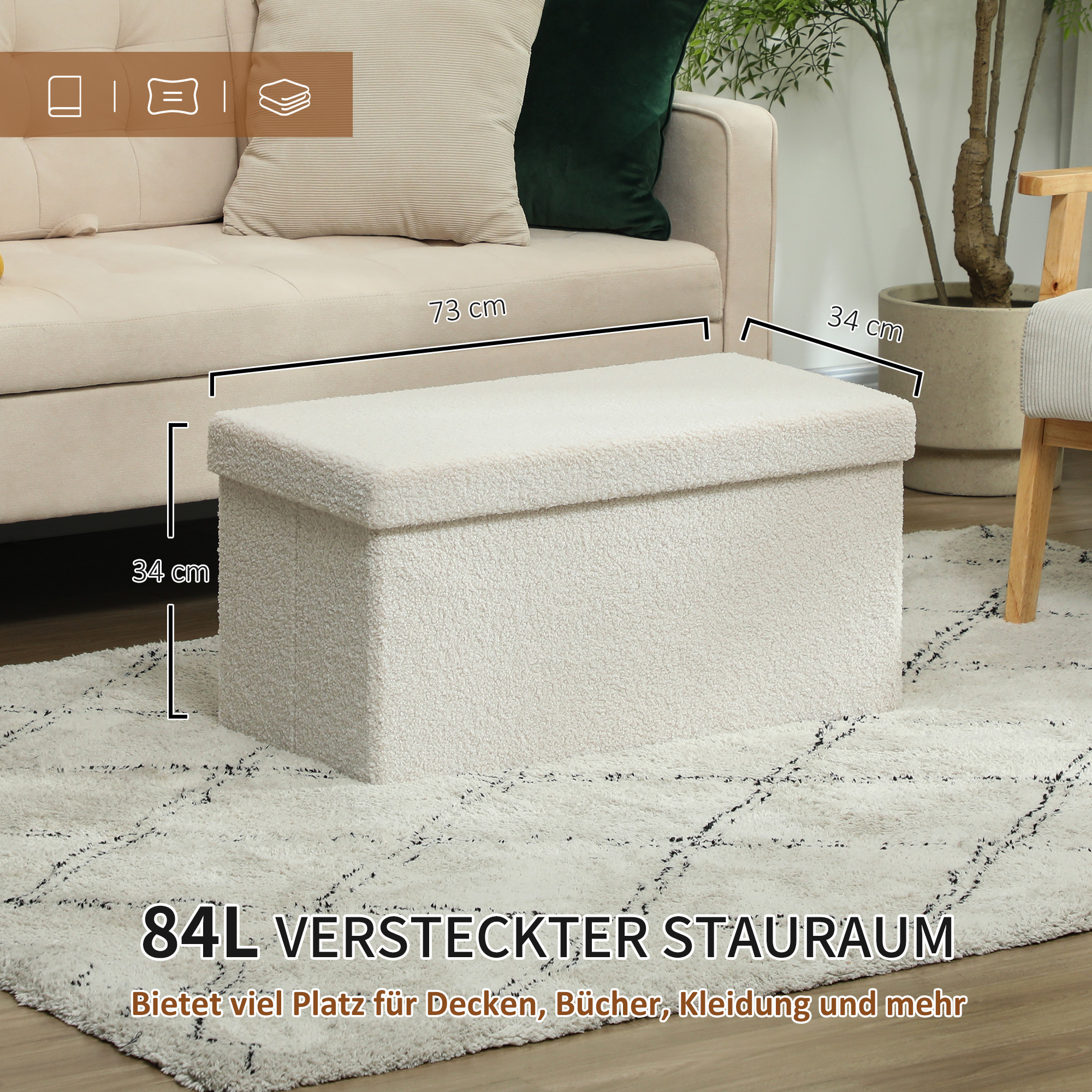 Aufbewahrungshocker, Polsterbank mit Stauraum und Deckel für Wohnzimmer, Schlafzimmer, Flur, Cremeweiß