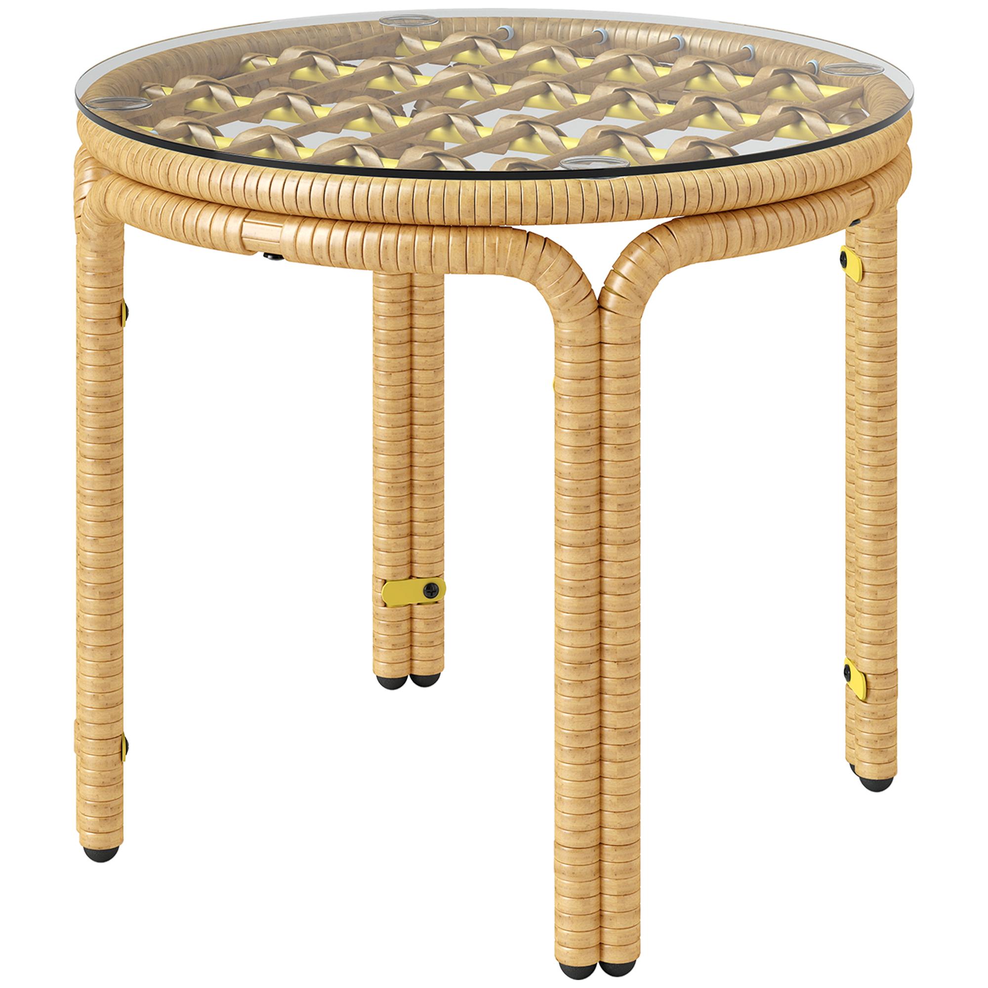 Beistelltisch aus Polyrattan runder Couchtisch mit Glas Tischplatte Nachttisch Ø50 cm Gelb Beistelltisch aus Polyrattan runder Couchtisch mit Glas Tischplatte Nachttisch Ø50 cm Gelb