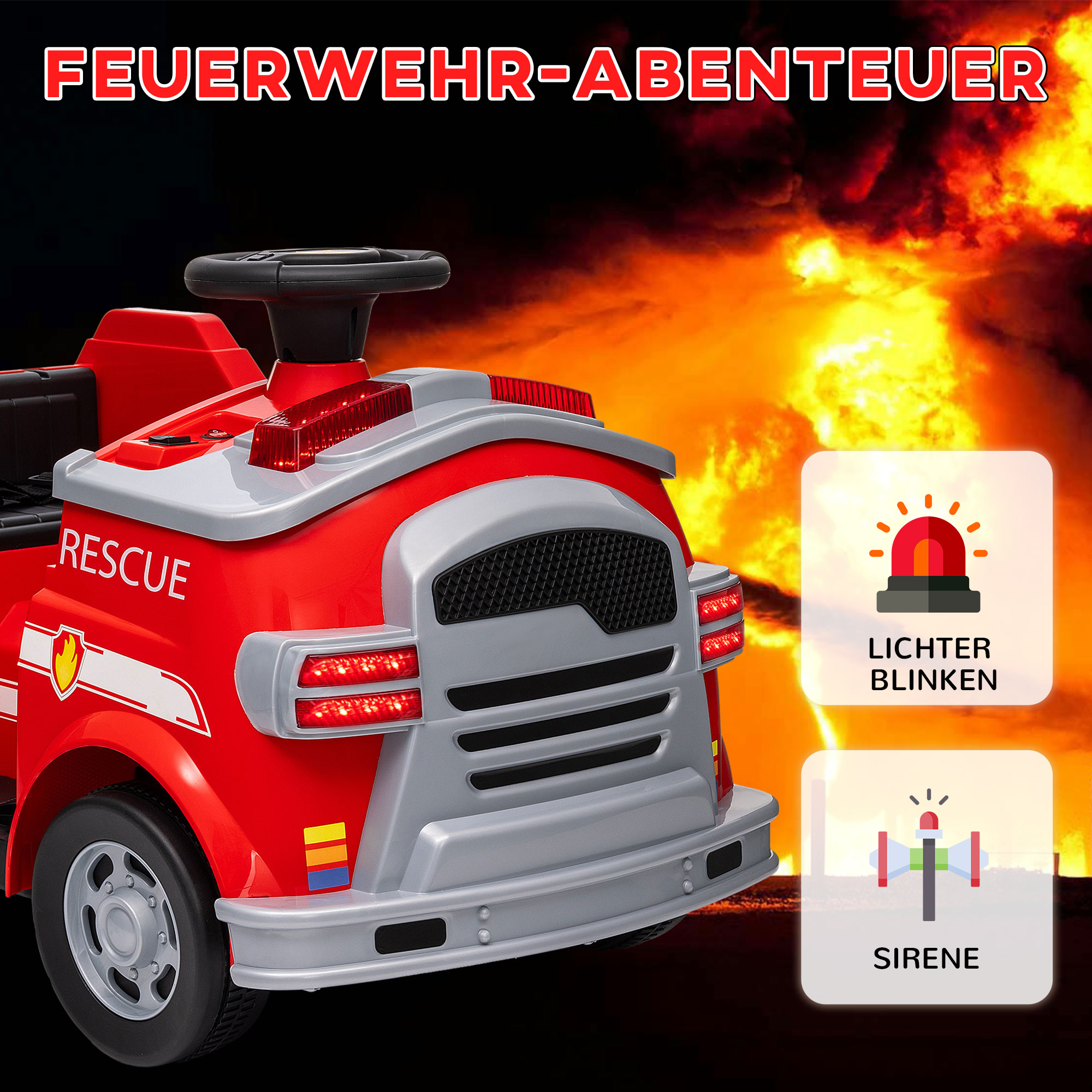 Feuerwehrauto, Elektro-Kinderauto, max, 3 km/h, Sirene, Blaulicht, Werkzeuge, für Kinder 3-5 Jahre