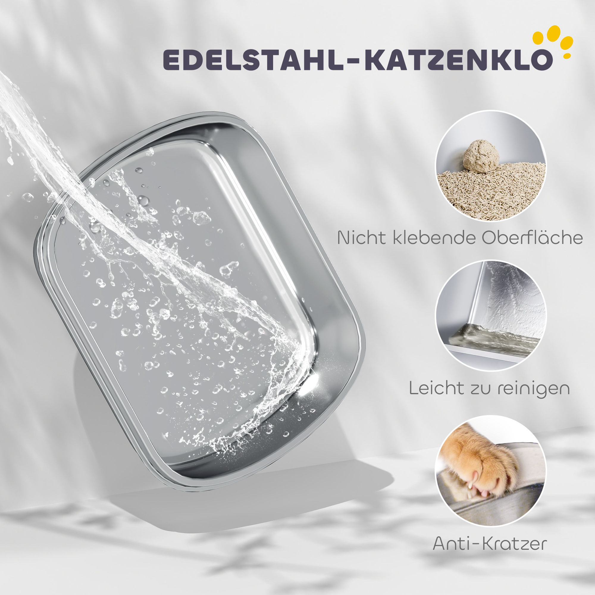 Katzenklo Edelstahl mit Deckel, Katzentoilette mit Wanne, Streuschaufel, für Katze unter 5 kg, 52,4 x 41,3 x 42 cm, Weiß