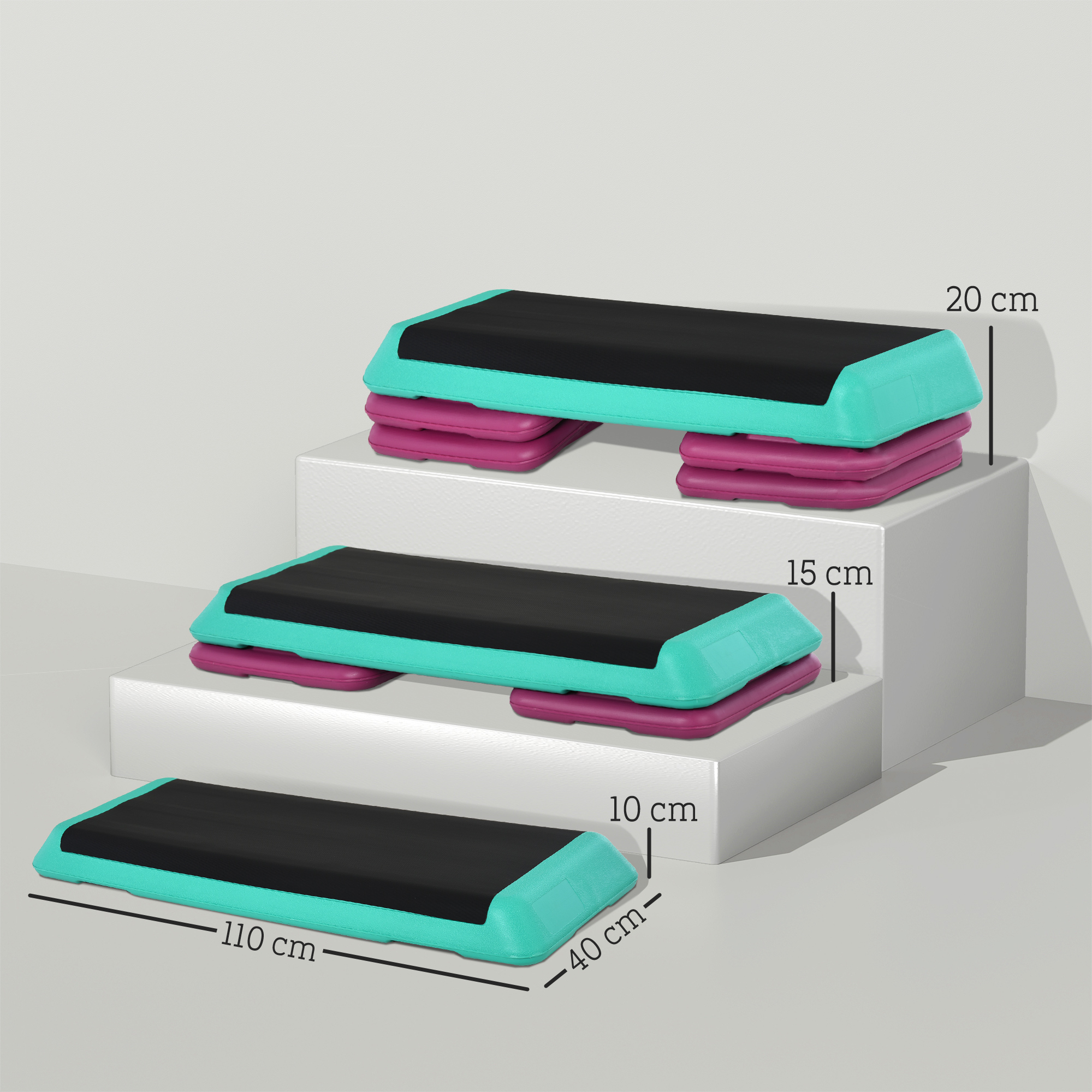 Steppbrett höhenverstellbar Fitness Stepper 3 Stufen (10/15/20 cm) Rutschfest Stepbench für Zuhause Fitnessstudio Büro Kunststoff Schwarz+Grün+Violett