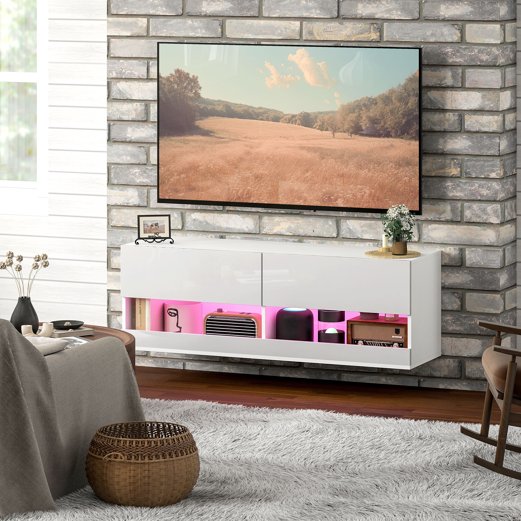 TV-Hängeschrank mit LED-Beleuchtung, 16 Blinkmodi, Wandmontierter TV-Schrank, Offene Regale, 120 x 35 x 40,5 cm, Weiß
