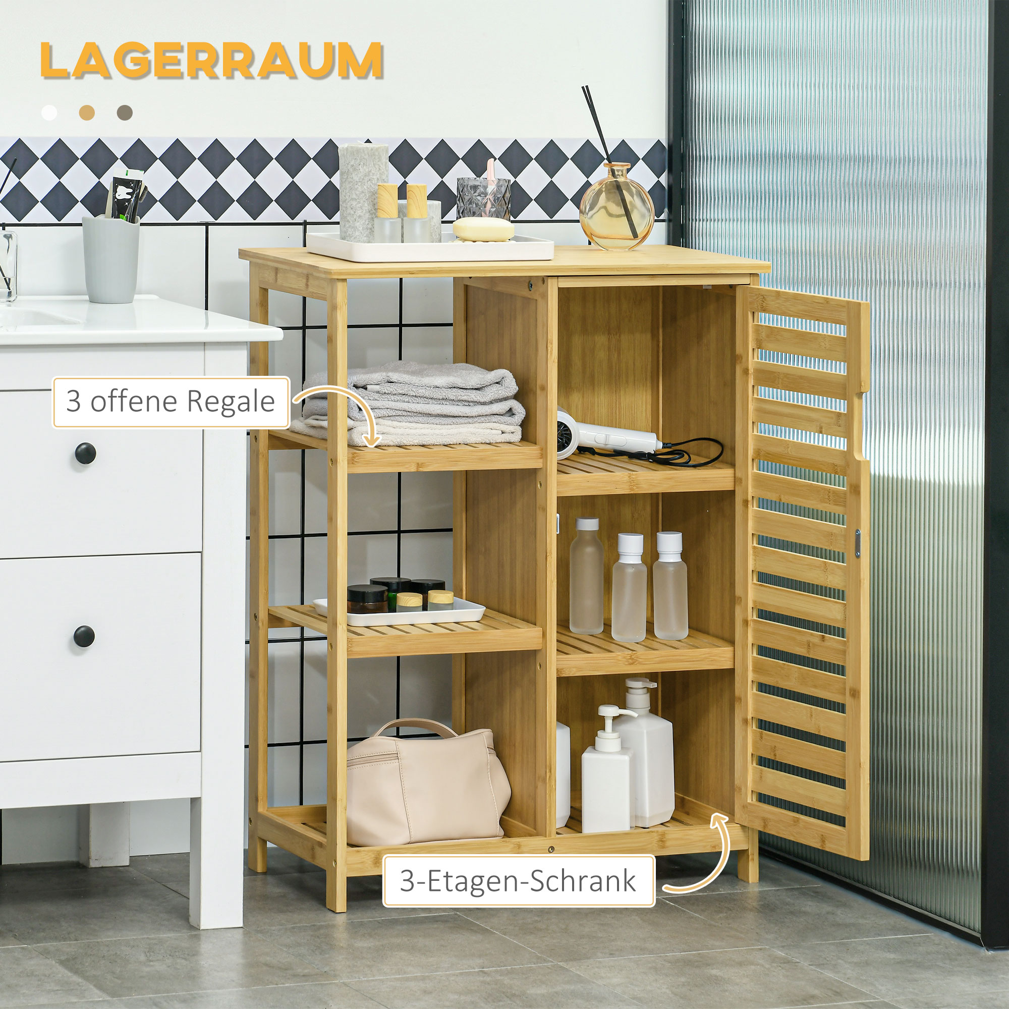 Badezimmerschrank aus Bambus, 3 Regale, 1 Schrank mit Lamellentüren, Natur