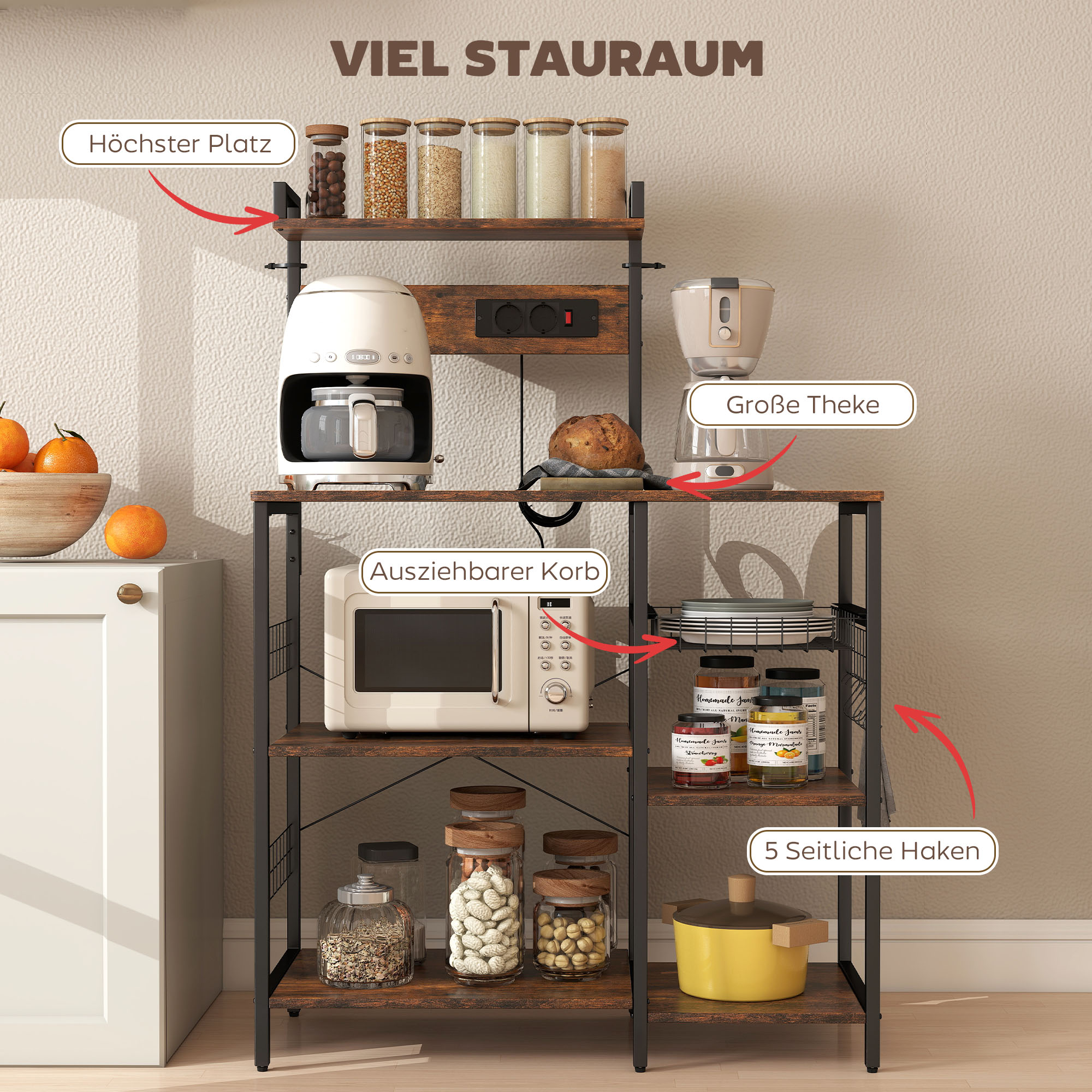 Küchenregal, Standregal mit 2 Steckdosen, 5 S-Haken, 5 Ablagen, Korb, X-Streben Stahl 90 x 42 x 130 cm