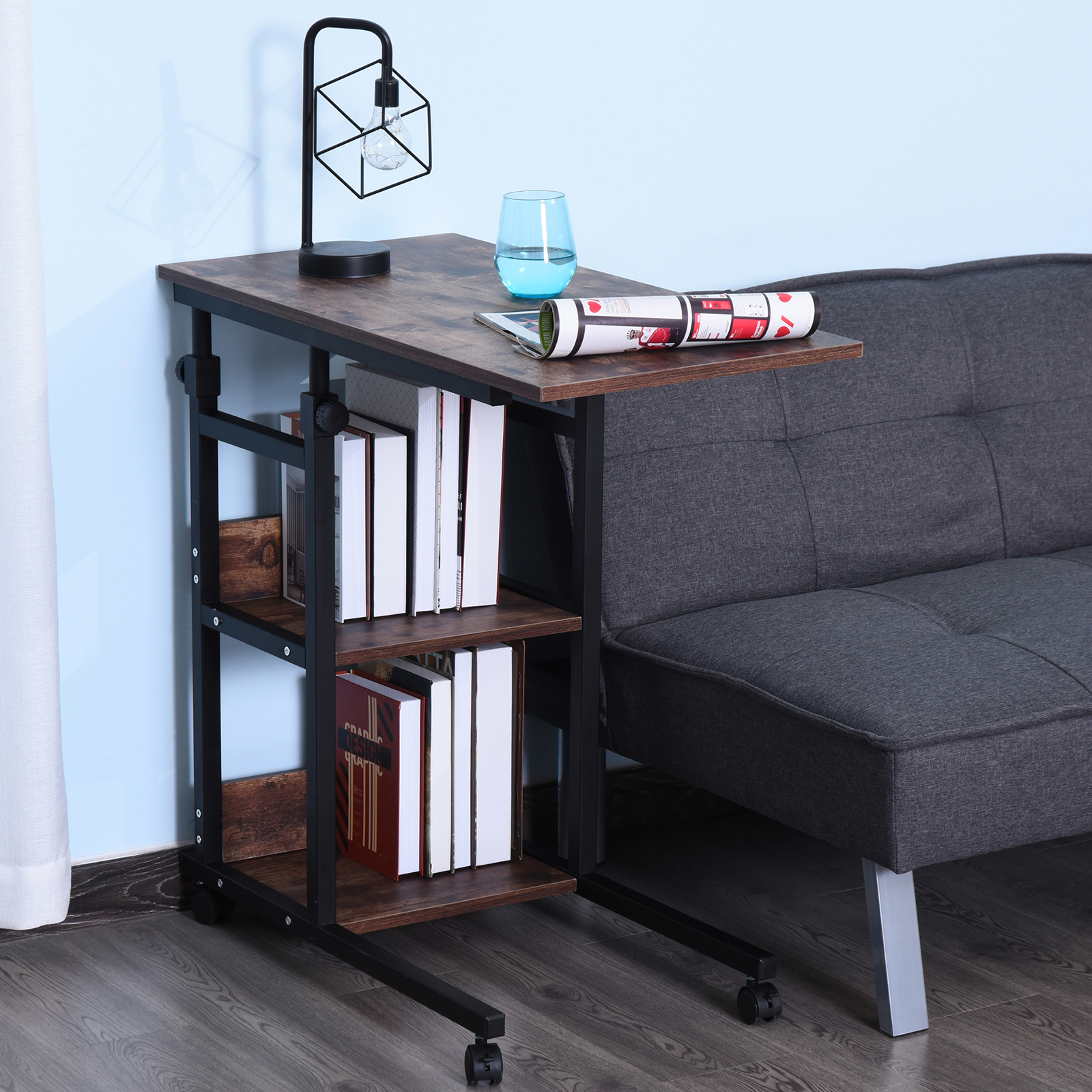 Beistelltisch mit Rollen, höhenverstellbar, kompakt, 2 Ablageböden, Metallrahmen, 80x40x72-82 cm, Braun/Schwarz