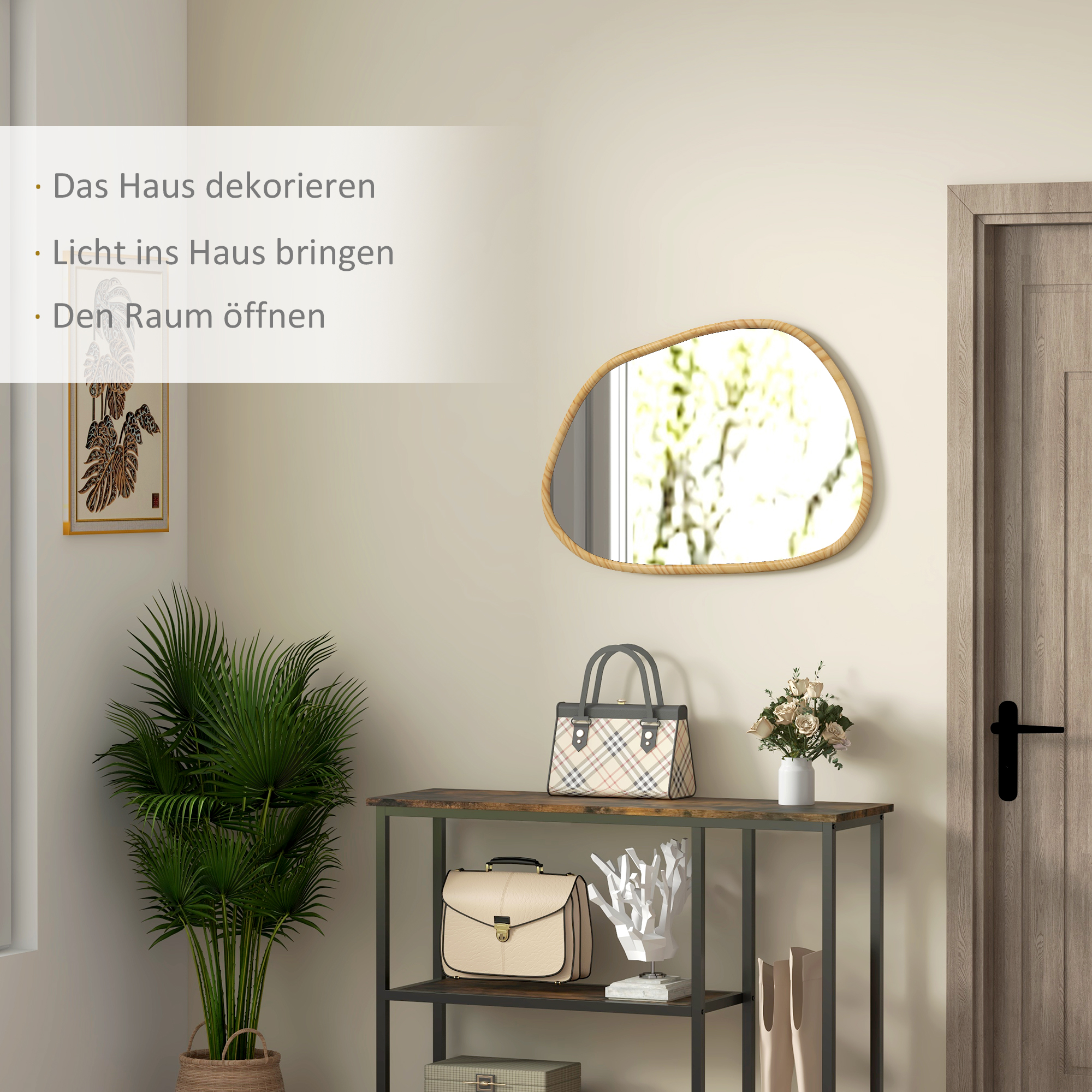 Wandspiegel Dekospiegel Spiegel, Vintage-Design, 70 cm x 2,1 cm x 50 cm, Massivholz, Natur