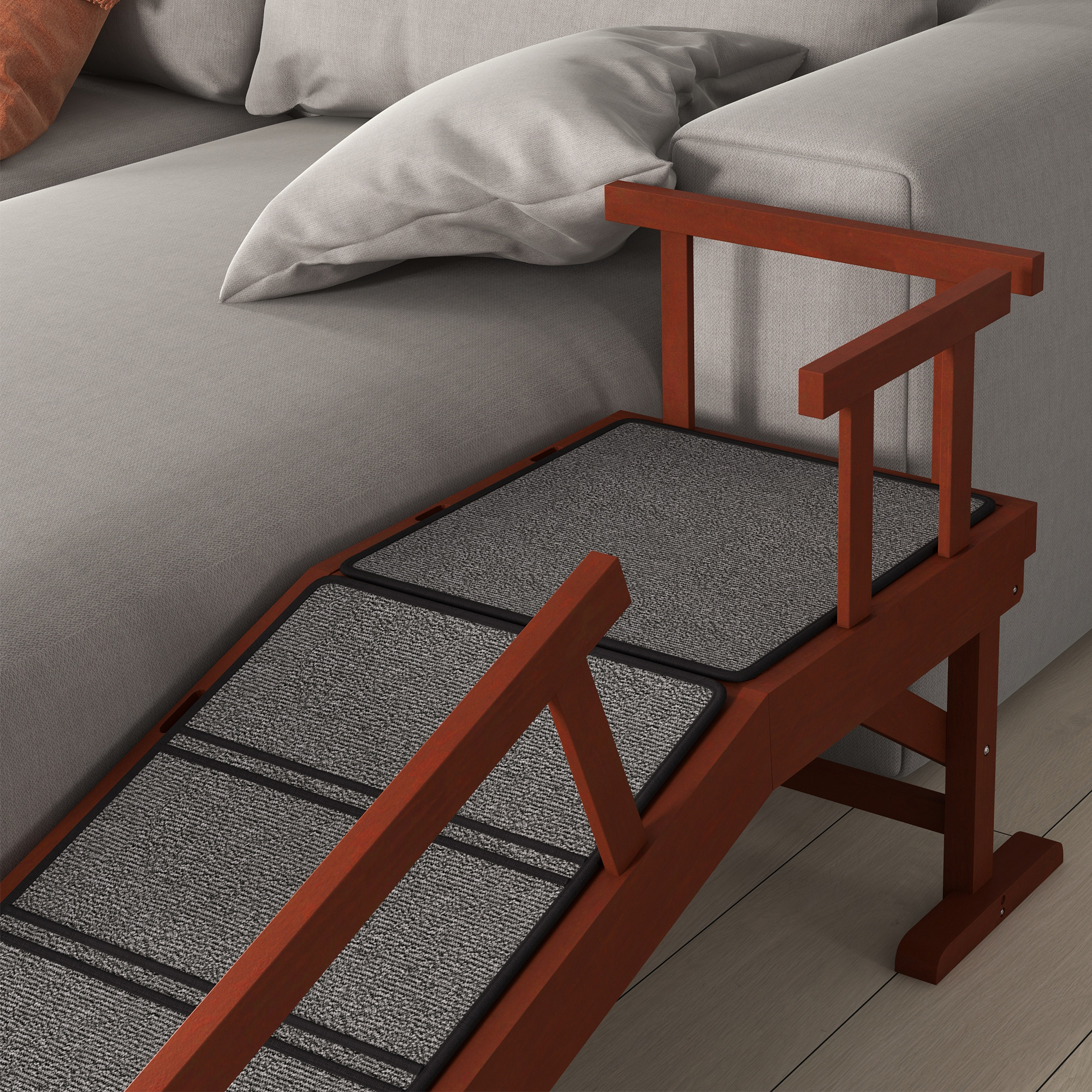 Hunderampe, abnehmbare Geländer, rutschfest, Holz, bis 30 kg, 125x40x56cm, Braun/Grau